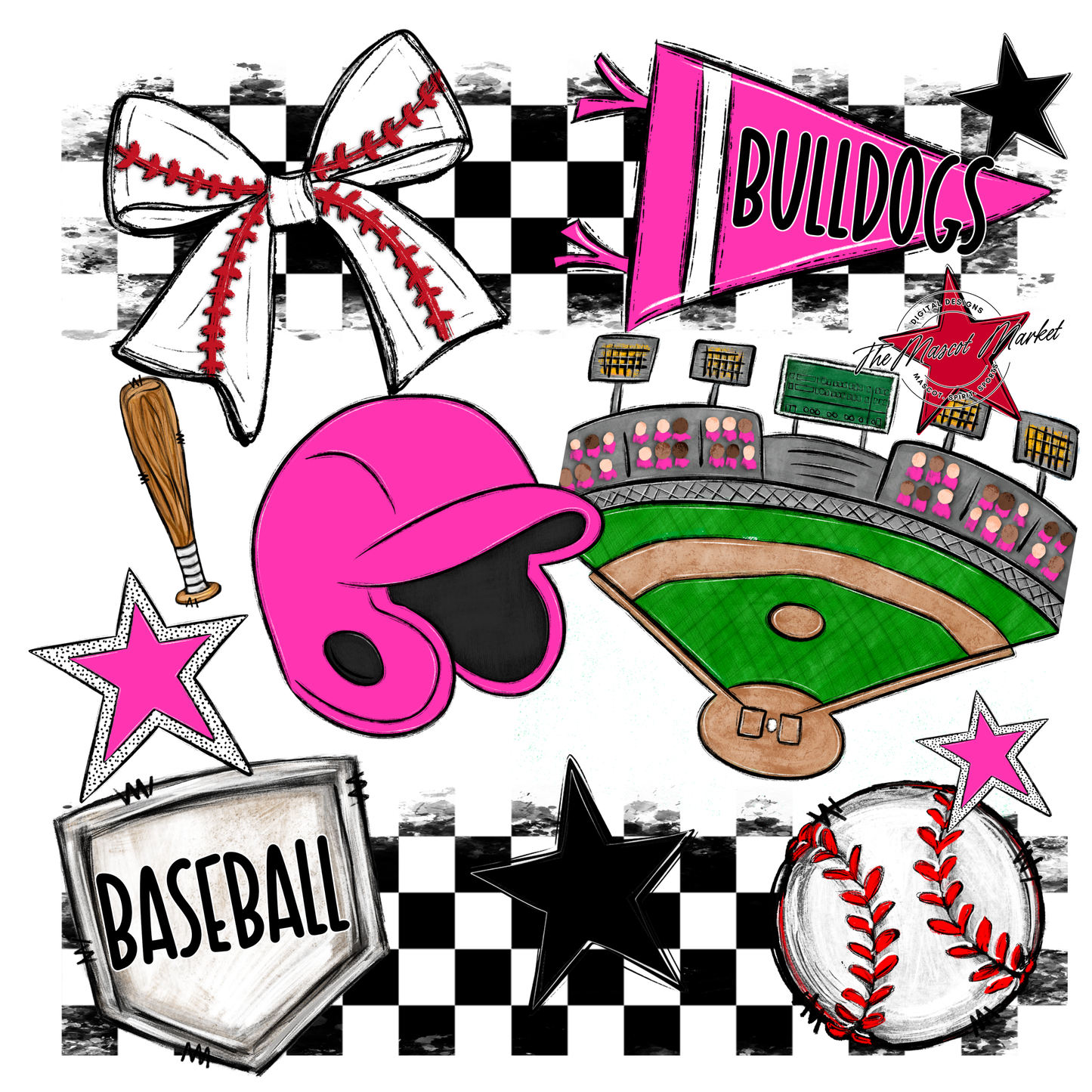 Bulldogs Checkers Baseball Spirit Design-Pink