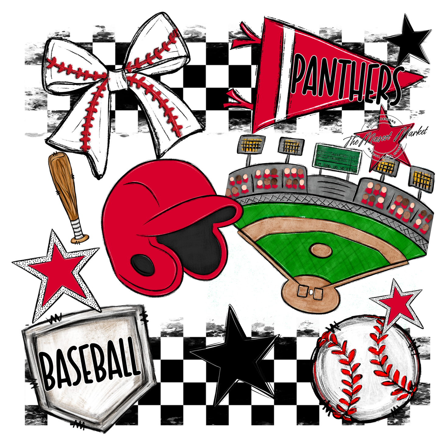 Panthers Checkers Baseball Spirit Design-Red