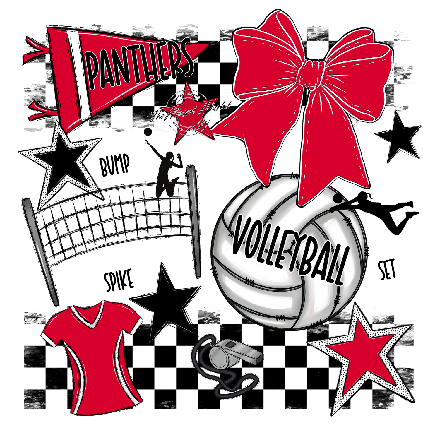 Panthers Checkers Volleyball Spirit Design-Red