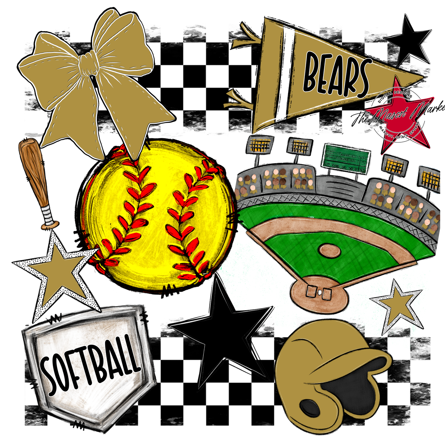 Bears Softball Checkers Design-Gold