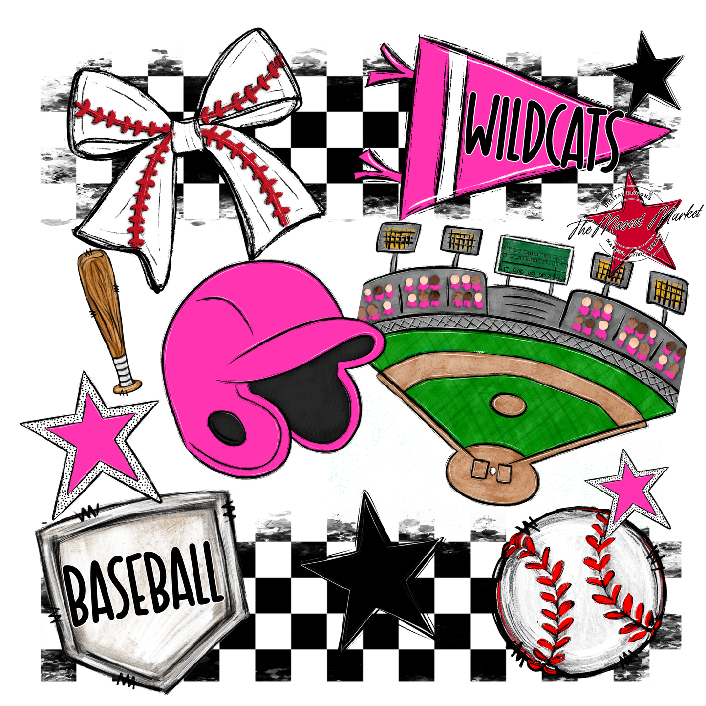 Wildcats Checkers Baseball Spirit Design-Pink