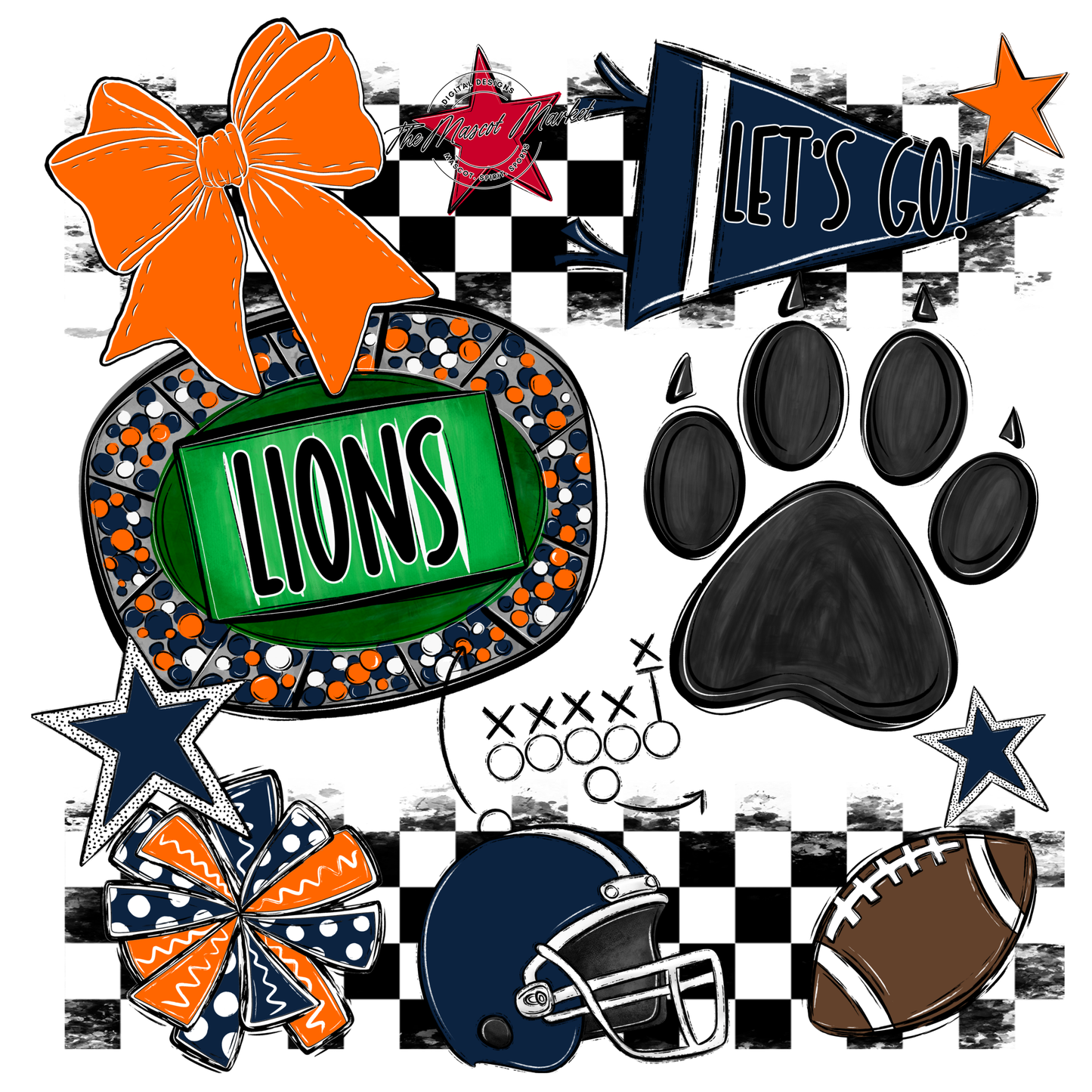 Lions Checkers Mascot Spirit Design w Paw-Navy-Orange