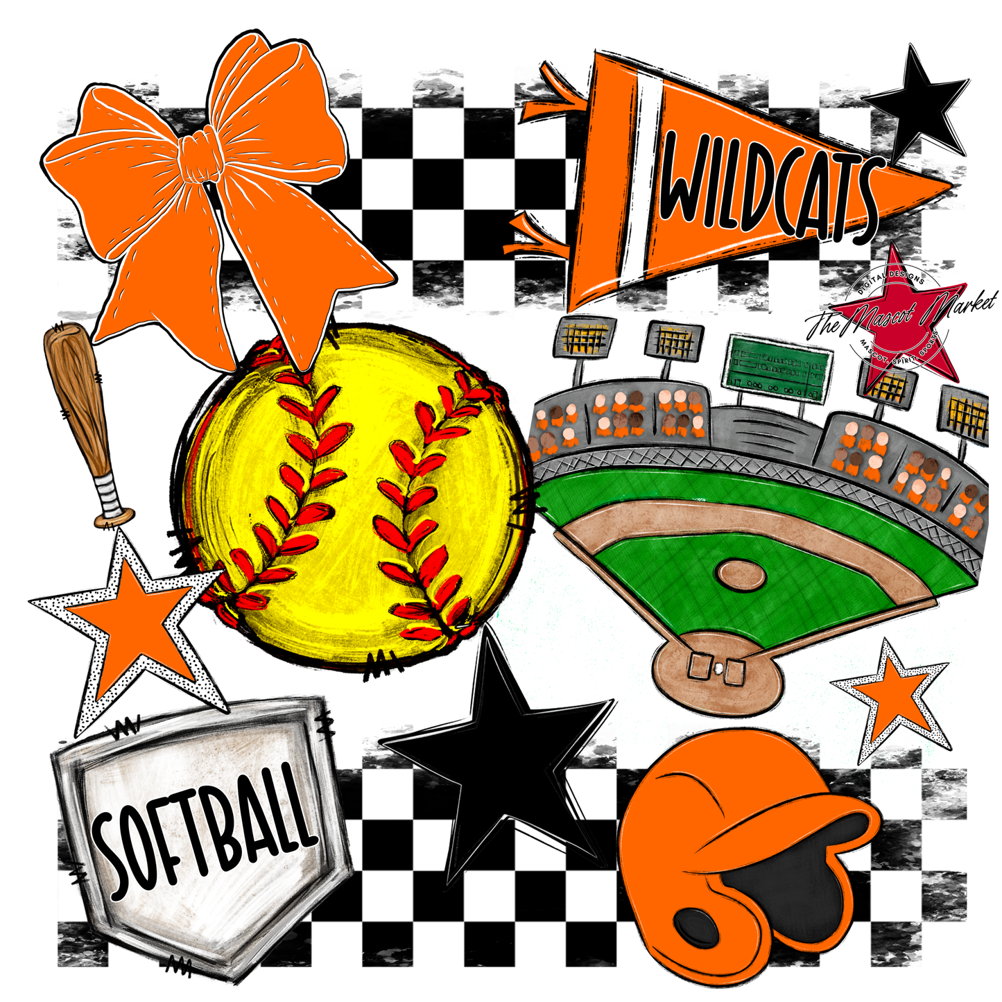Wildcats Checkers Softball Spirit Design-Orange