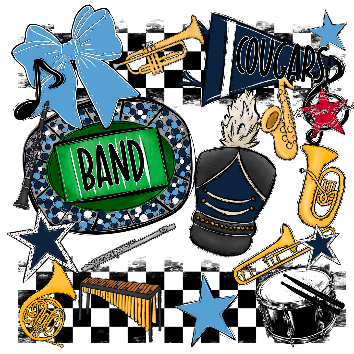 Cougars Checkers Band Spirit Design-Navy-Carolina Blue