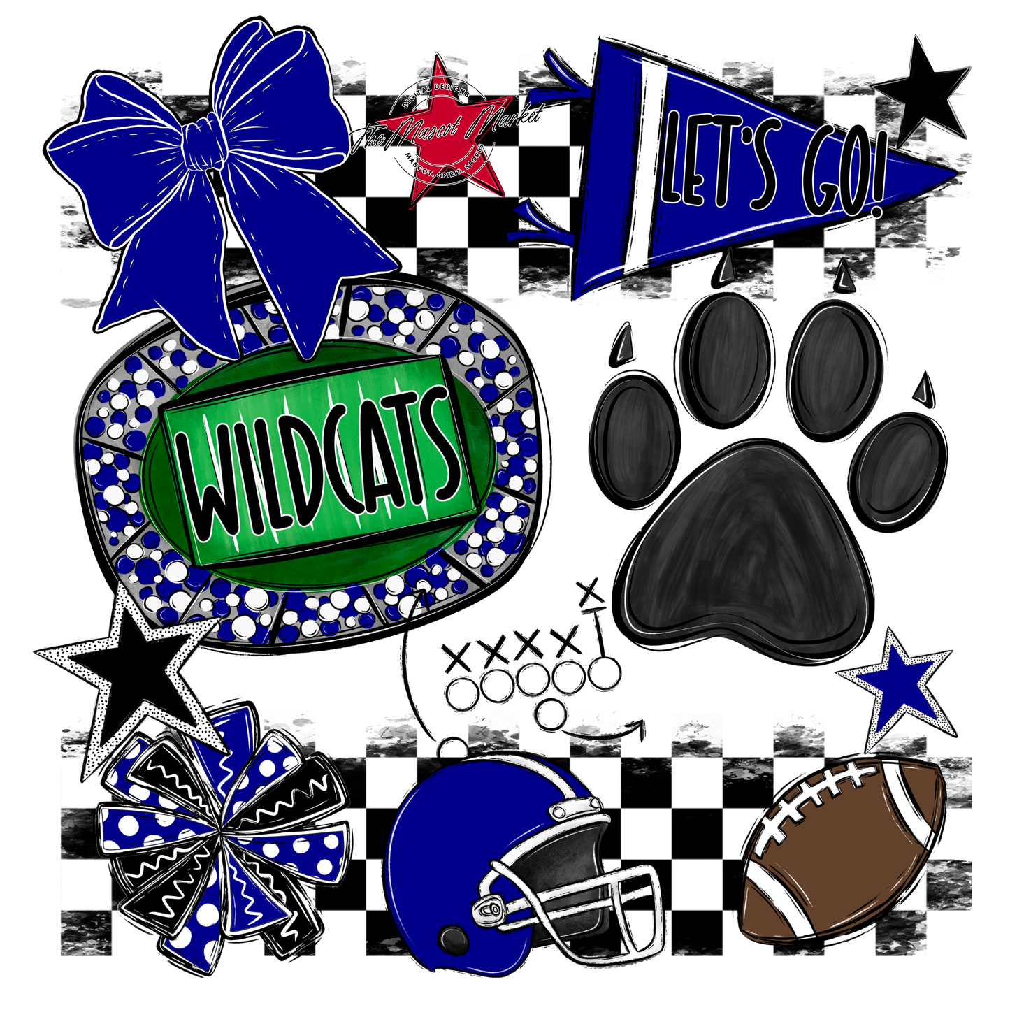 Wildcats Checkers Mascot Spirit Design w Paw-Blue