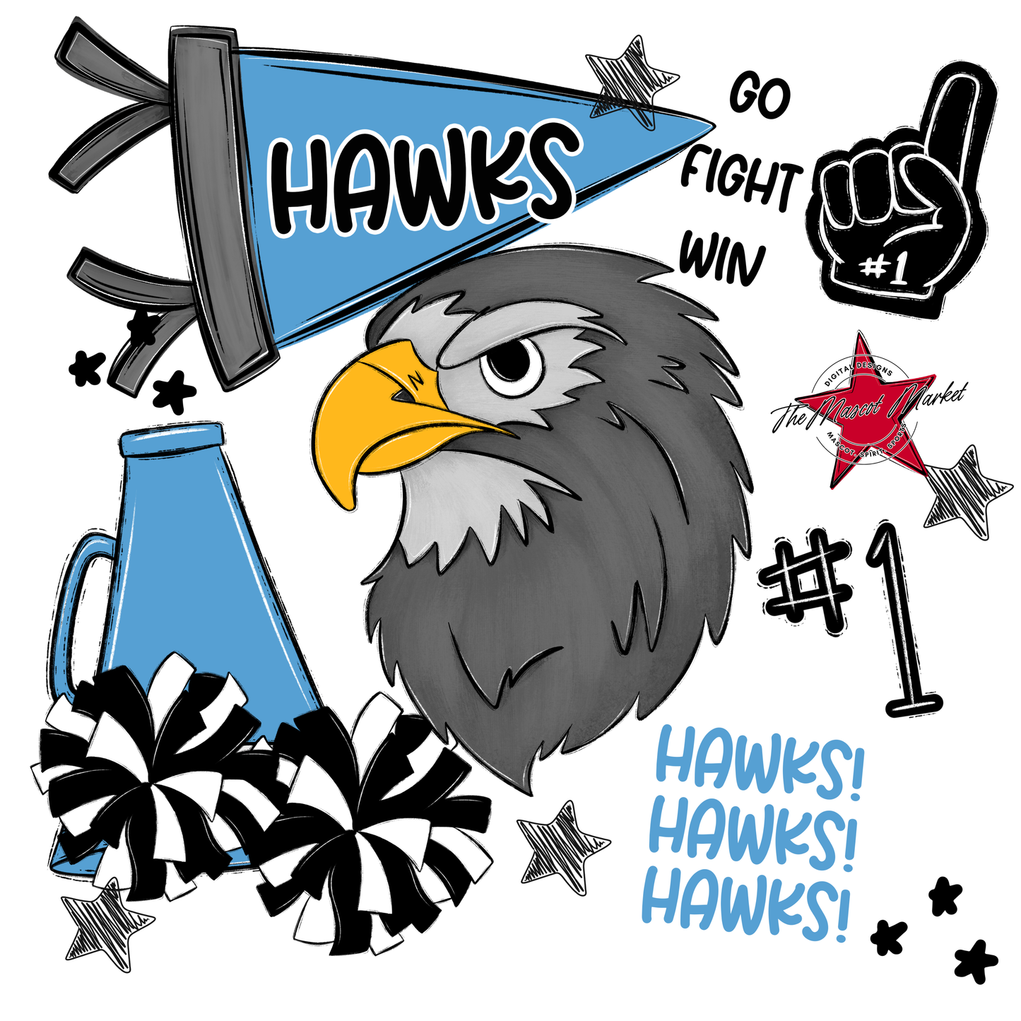 Hawks Mixed Mascot Spirit Design-Carolina Blue
