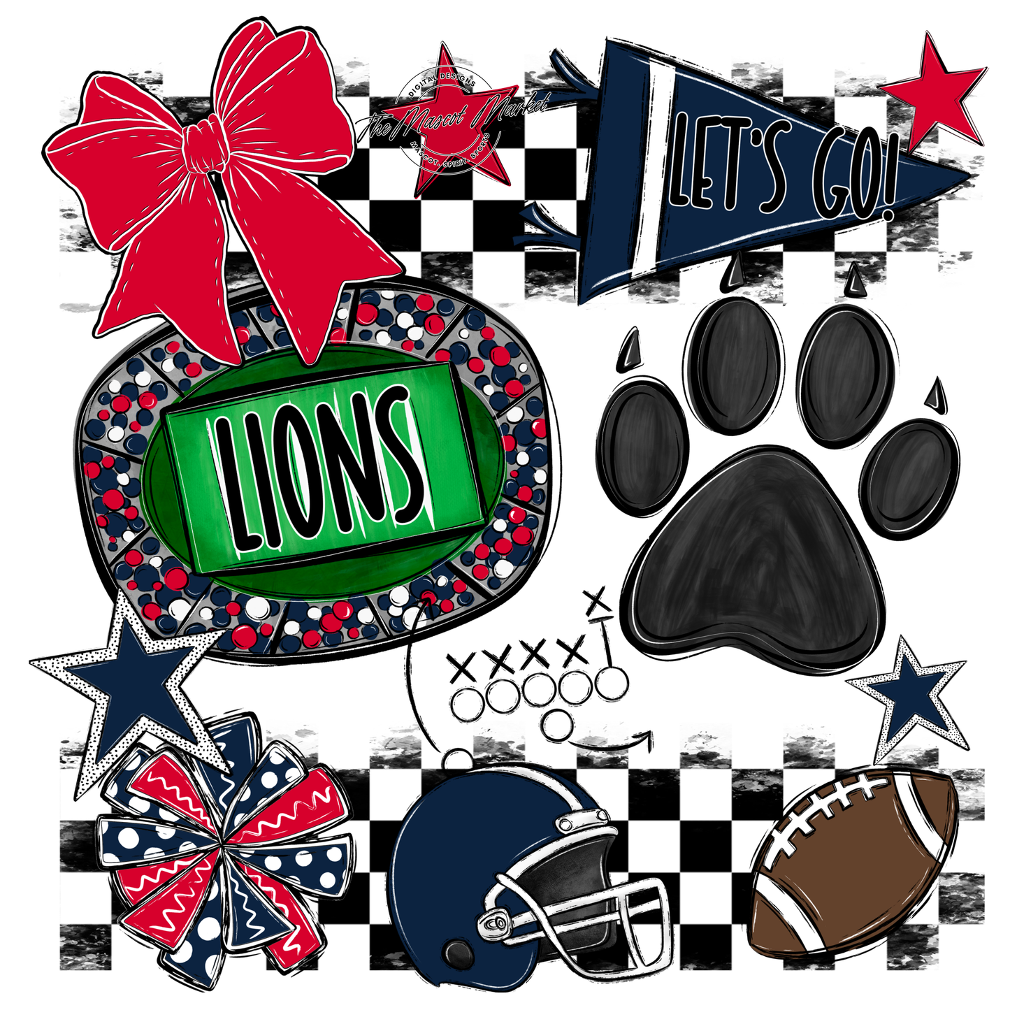 Lions Checkers Mascot Spirit Design w Paw-Navy-Red