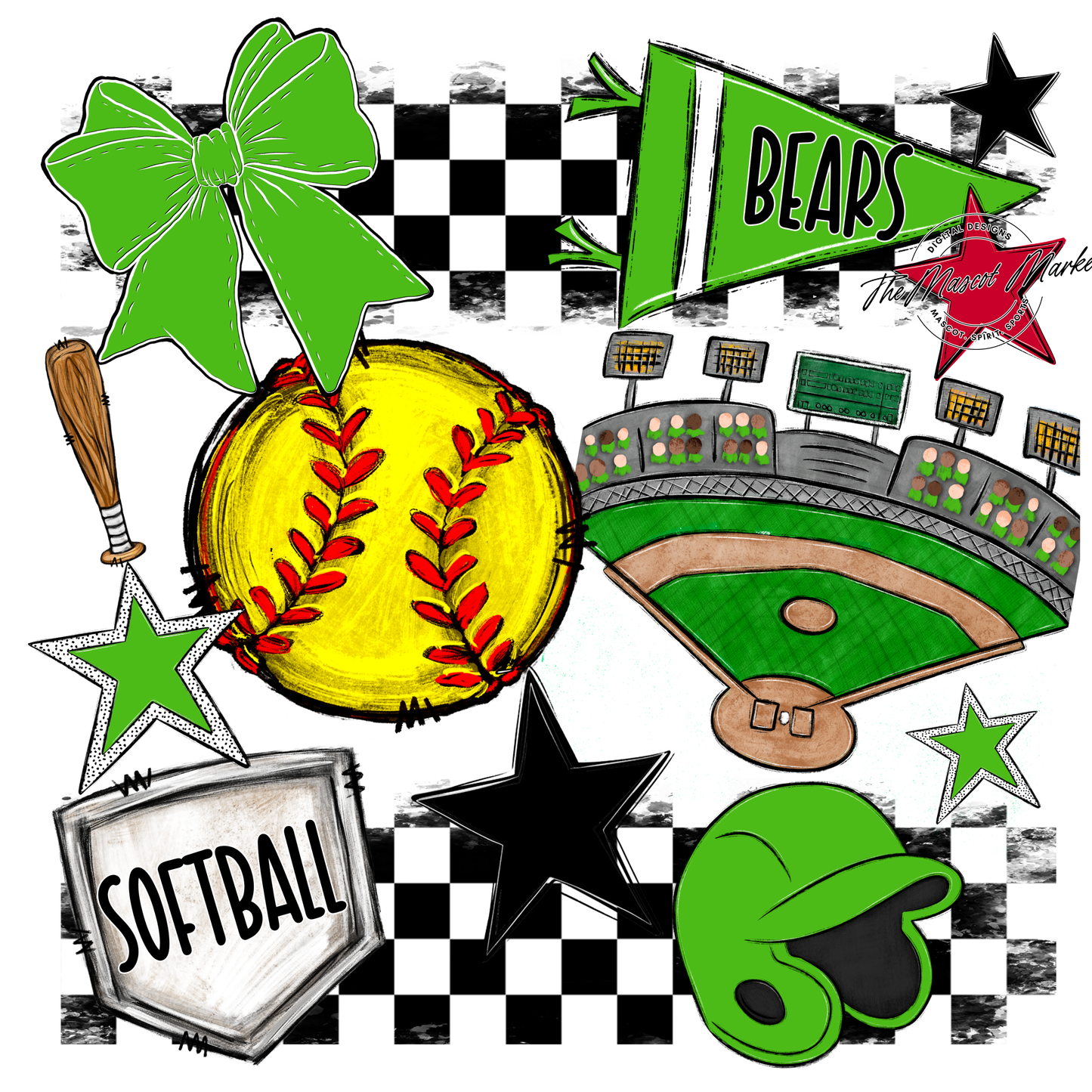 Bears Softball Checkers Design-Bright Green