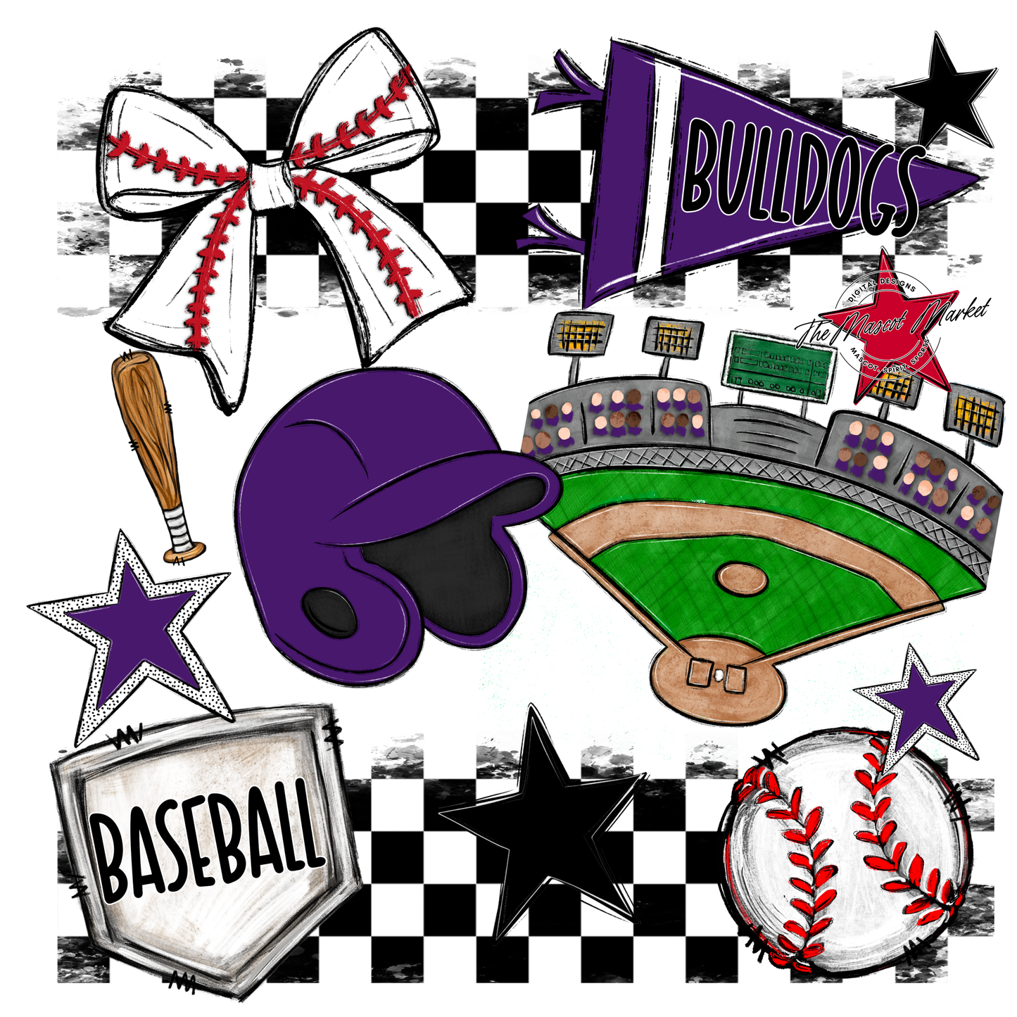 Bulldogs Checkers Baseball Spirit Design-Purple