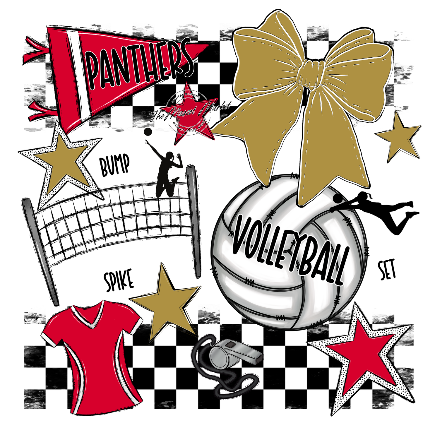 Panthers Checkers Volleyball Spirit Design-Red-Gold