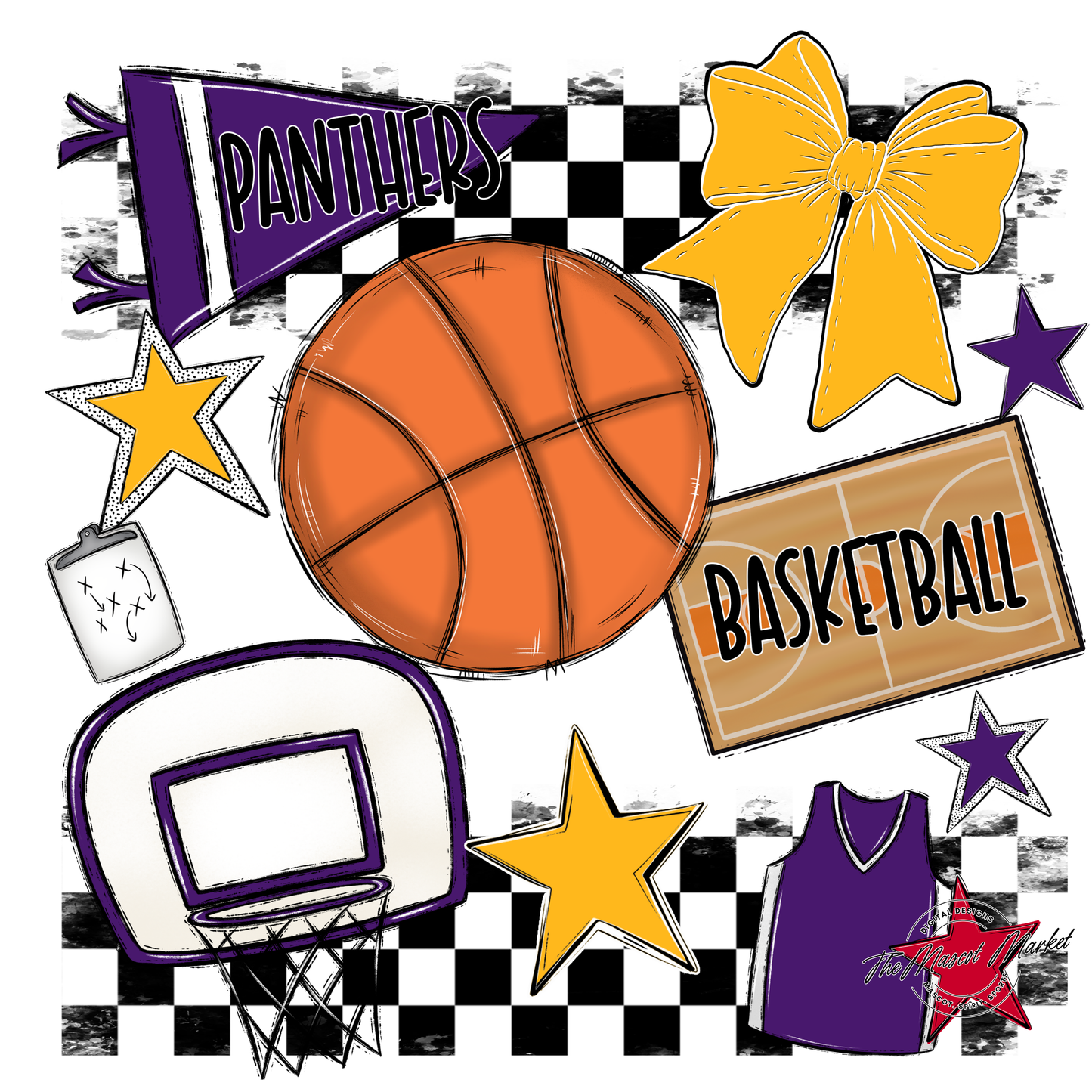 Panthers Checkers Basketball Spirit Design-Purple-Yellow
