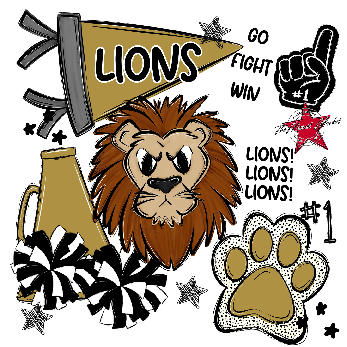 Lions Mixed Mascot Spirit Design-Gold