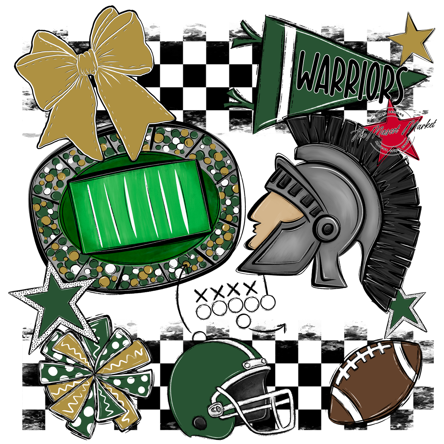 Warriors Checkers Mascot Spirit Design-Green-Gold