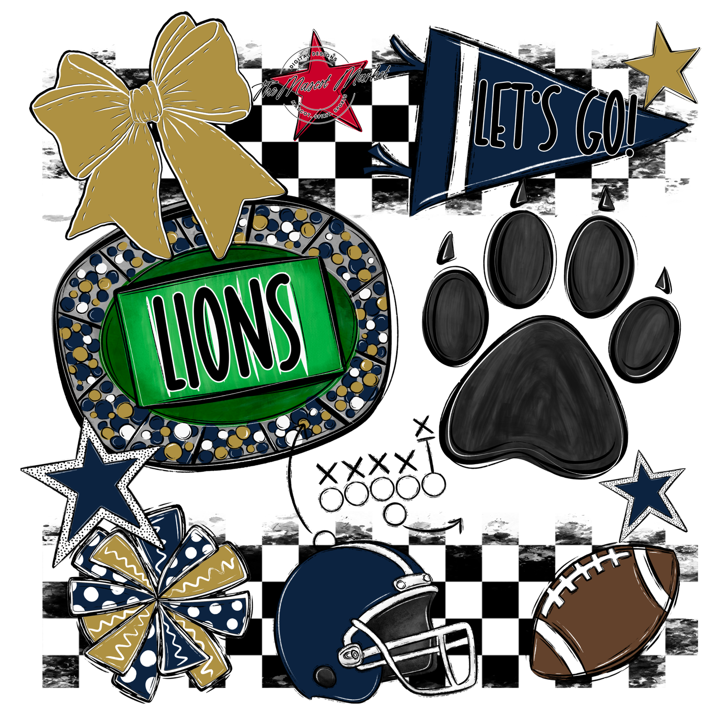 Lions Checkers Mascot Spirit Design w Paw-Navy-Gold