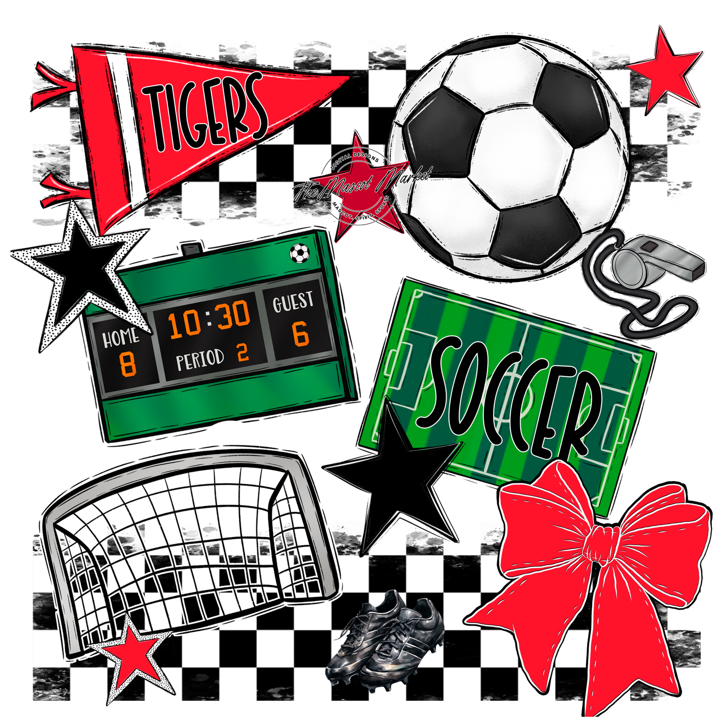 Tigers Checkers Soccer Spirit Design-Bright Red