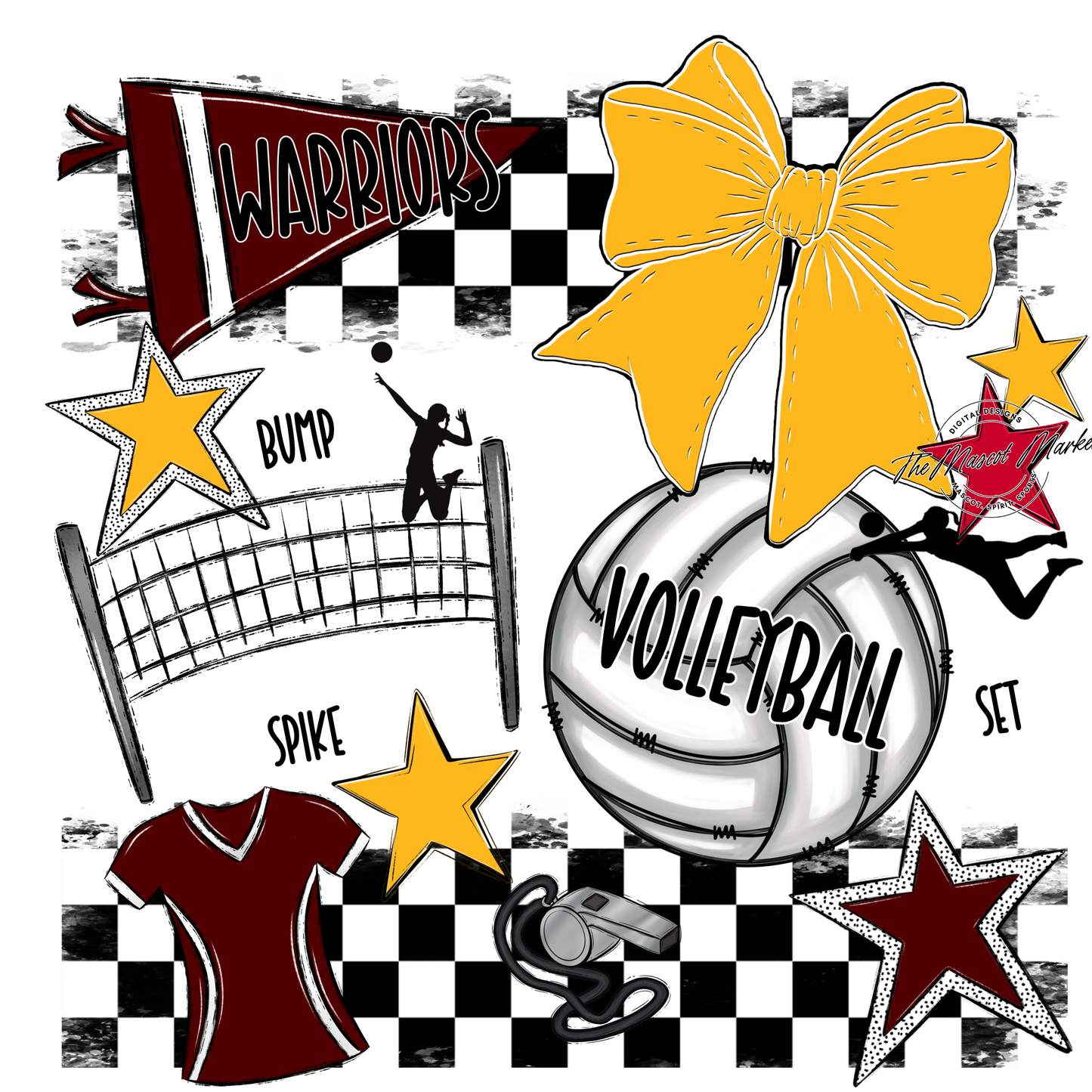 Warriors Checkers Volleyball Spirit Design-Maroon-Yellow