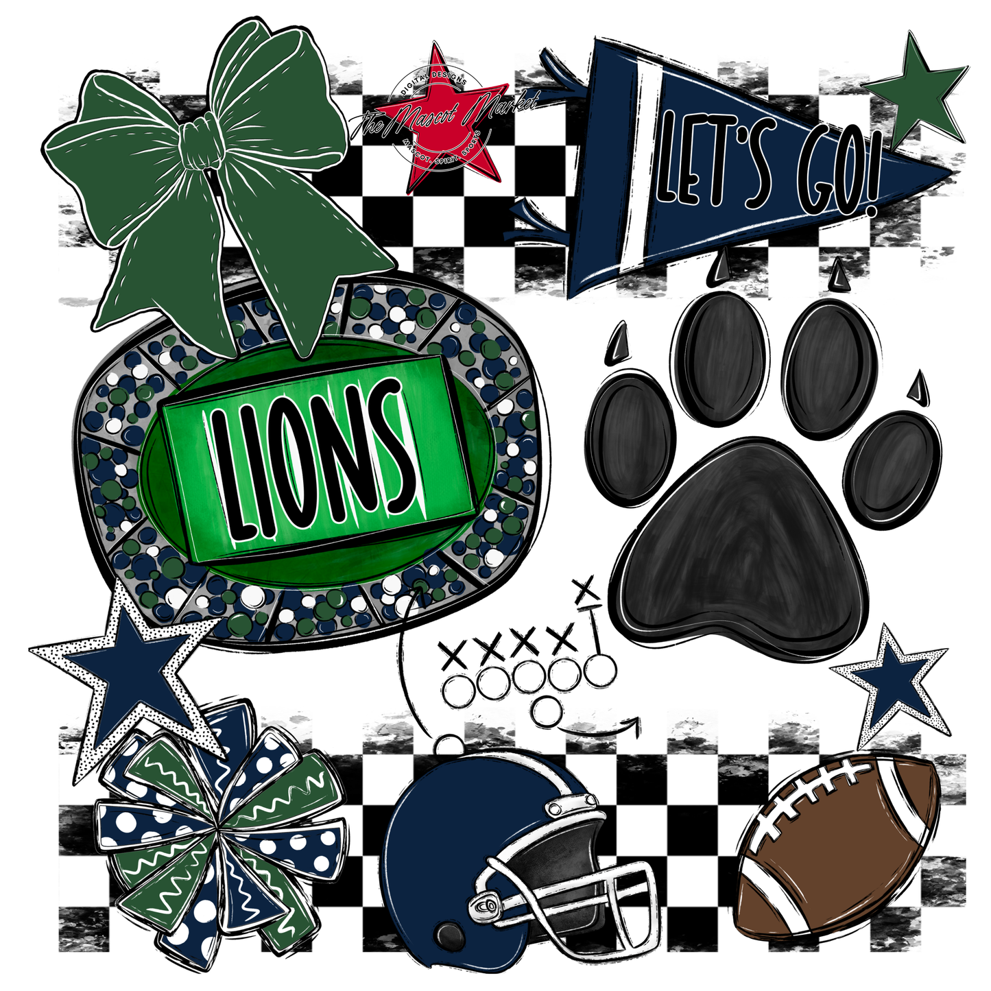 Lions Checkers Mascot Spirit Design w Paw-Navy-Green