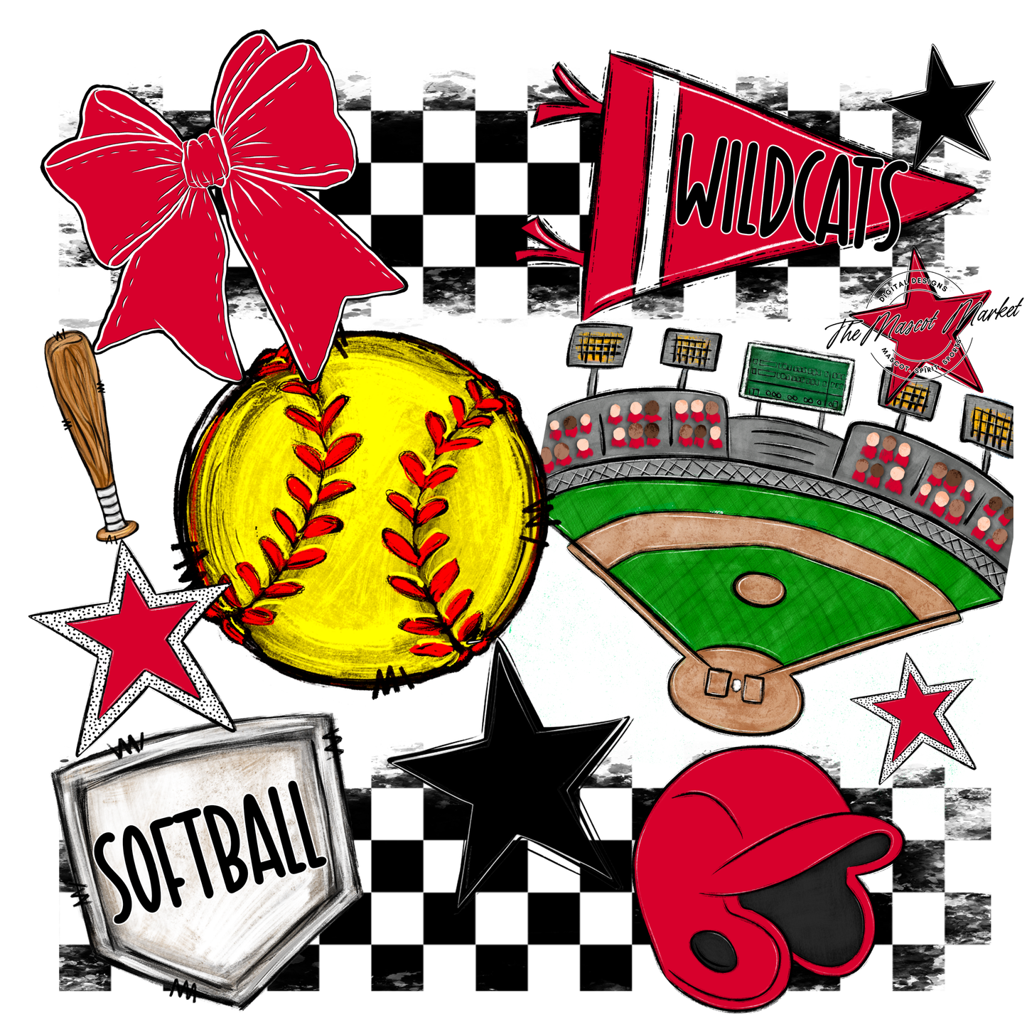 Wildcats Checkers Softball Spirit Design-Red