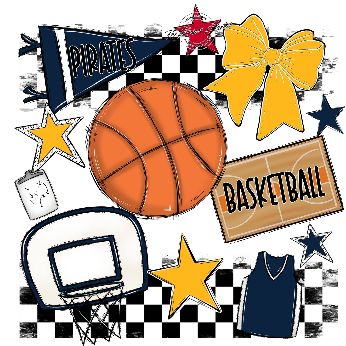 Pirates Checkers Basketball Spirit Design-Navy-Yellow