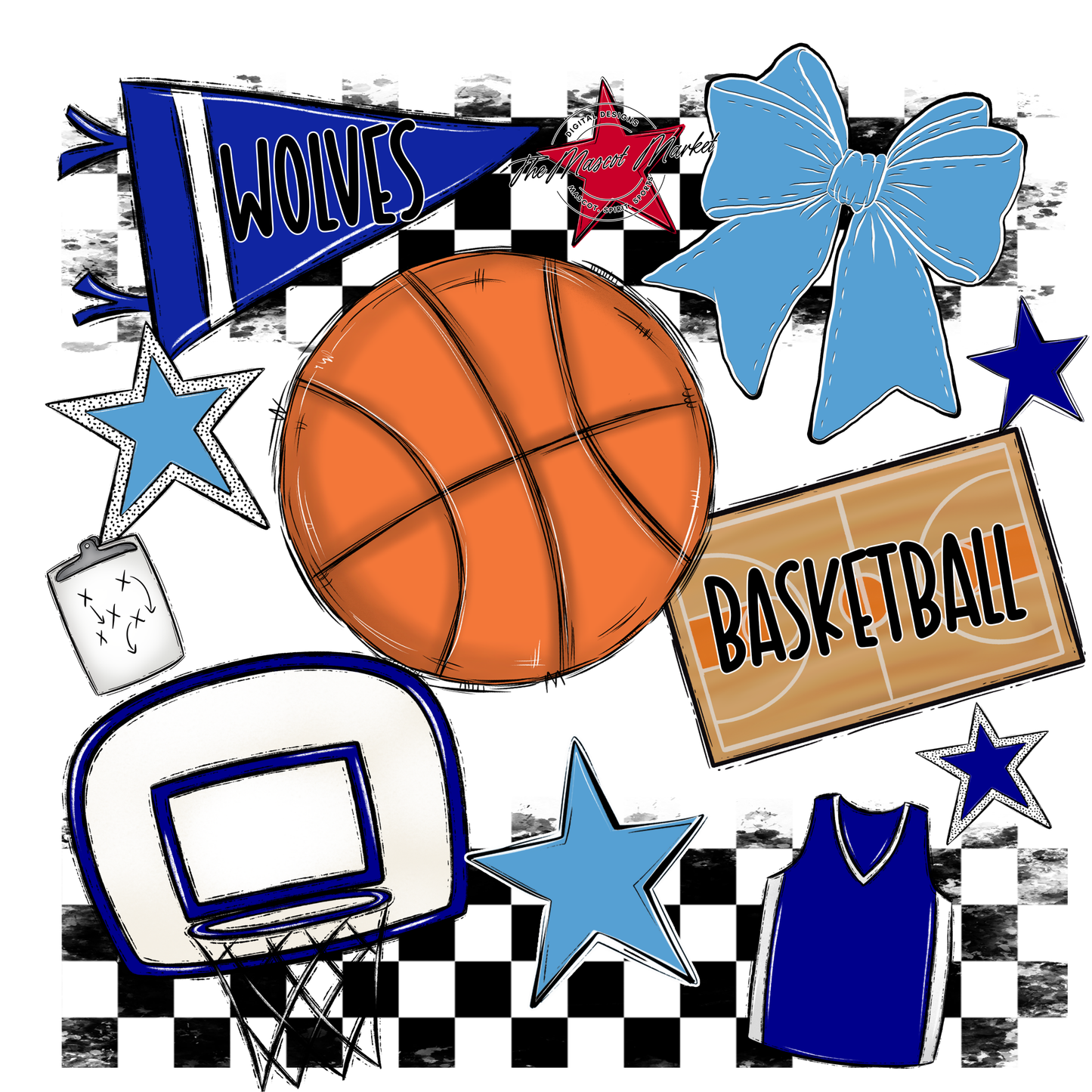 Wolves Checkers Basketball Spirit Design-Blue-Carolina Blue