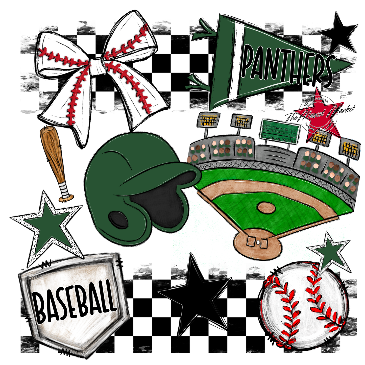 Panthers Checkers Baseball Spirit Design-Green