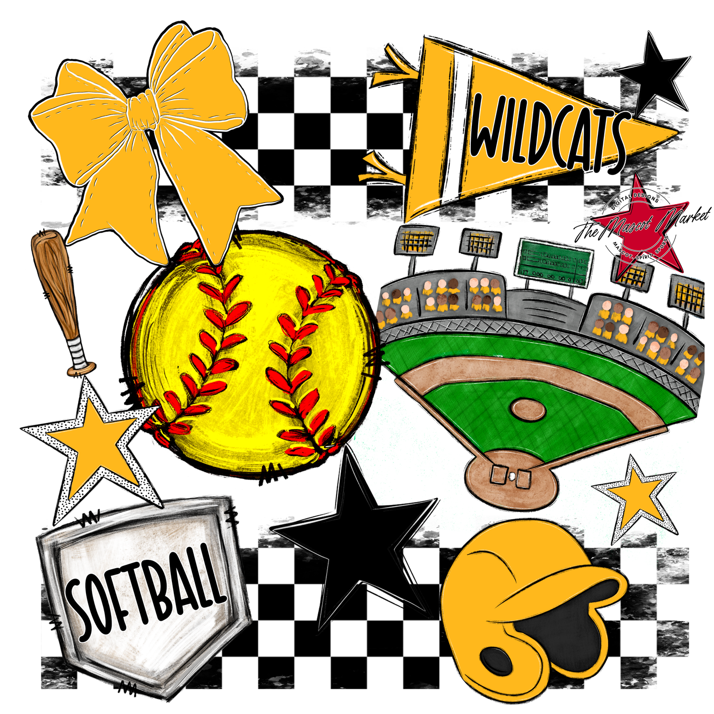 Wildcats Checkers Softball Spirit Design-Yellow