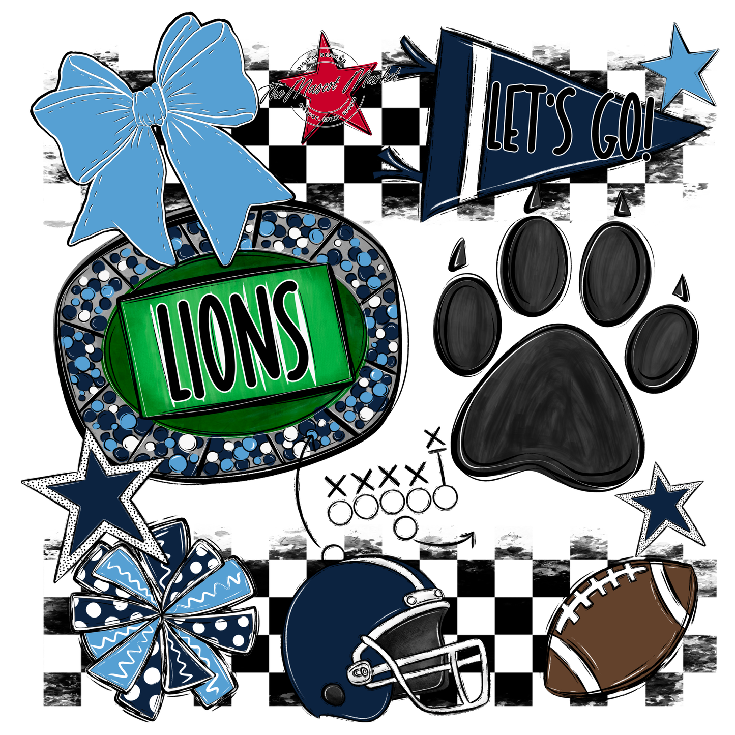 Lions Checkers Mascot Spirit Design w Paw-Navy-Carolina Blue