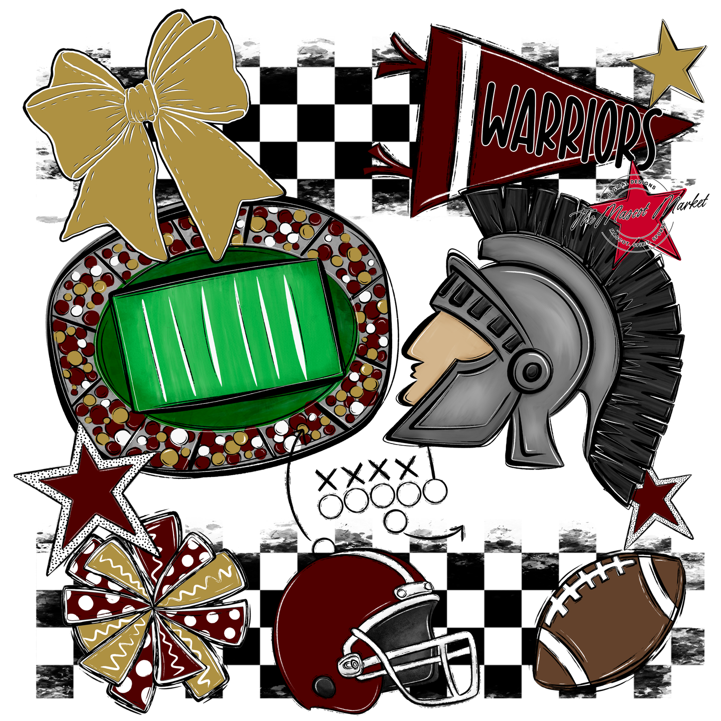 Warriors Checkers Mascot Spirit Design-Maroon-Gold
