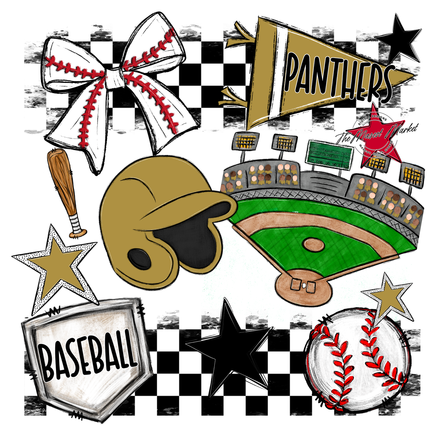 Panthers Checkers Baseball Spirit Design-Gold