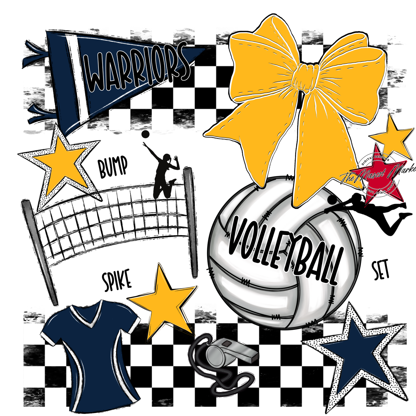 Warriors Checkers Volleyball Spirit Design-Navy-Yellow
