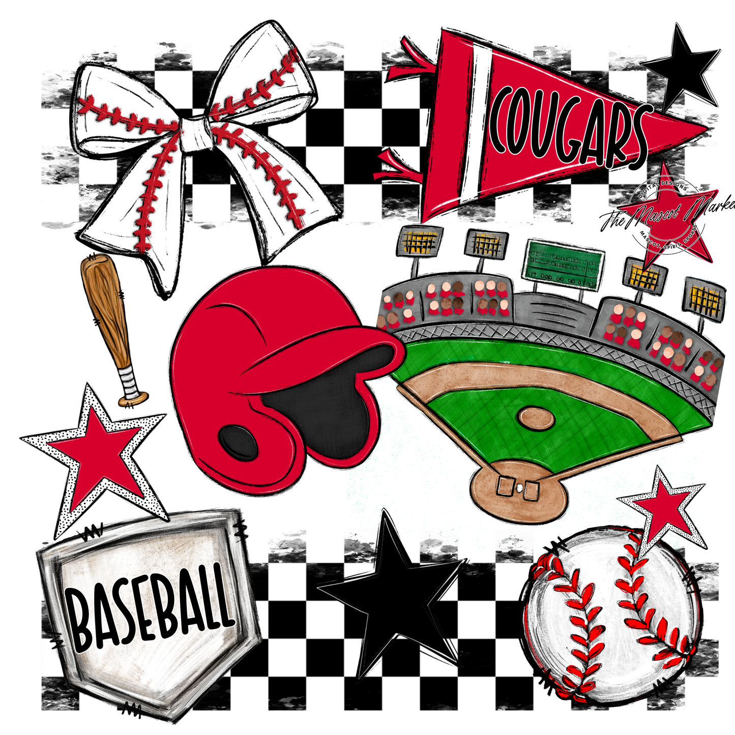 Cougars Checkers Baseball Spirit Design-Red