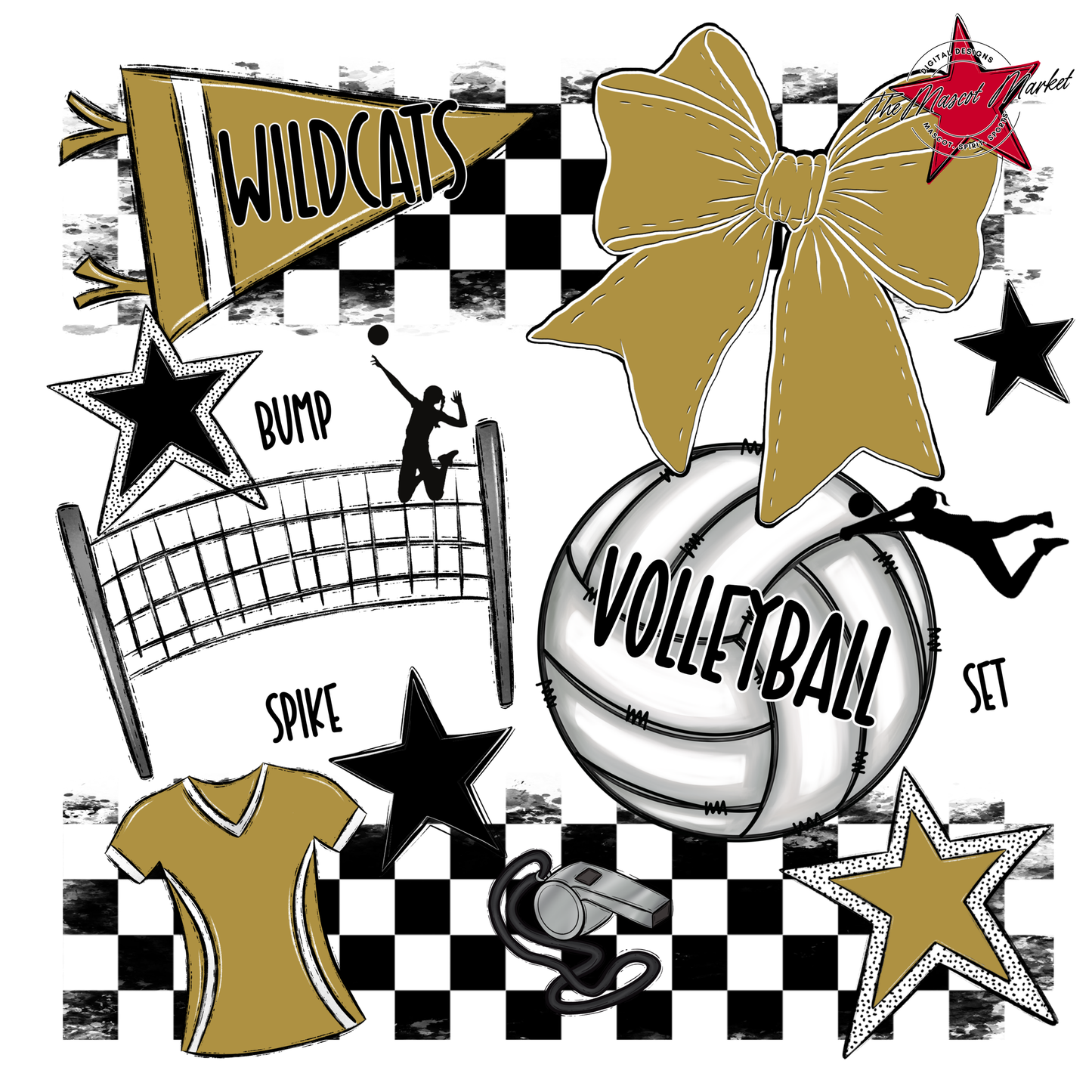 Wildcats Checkers Volleyball Spirit Design-Gold