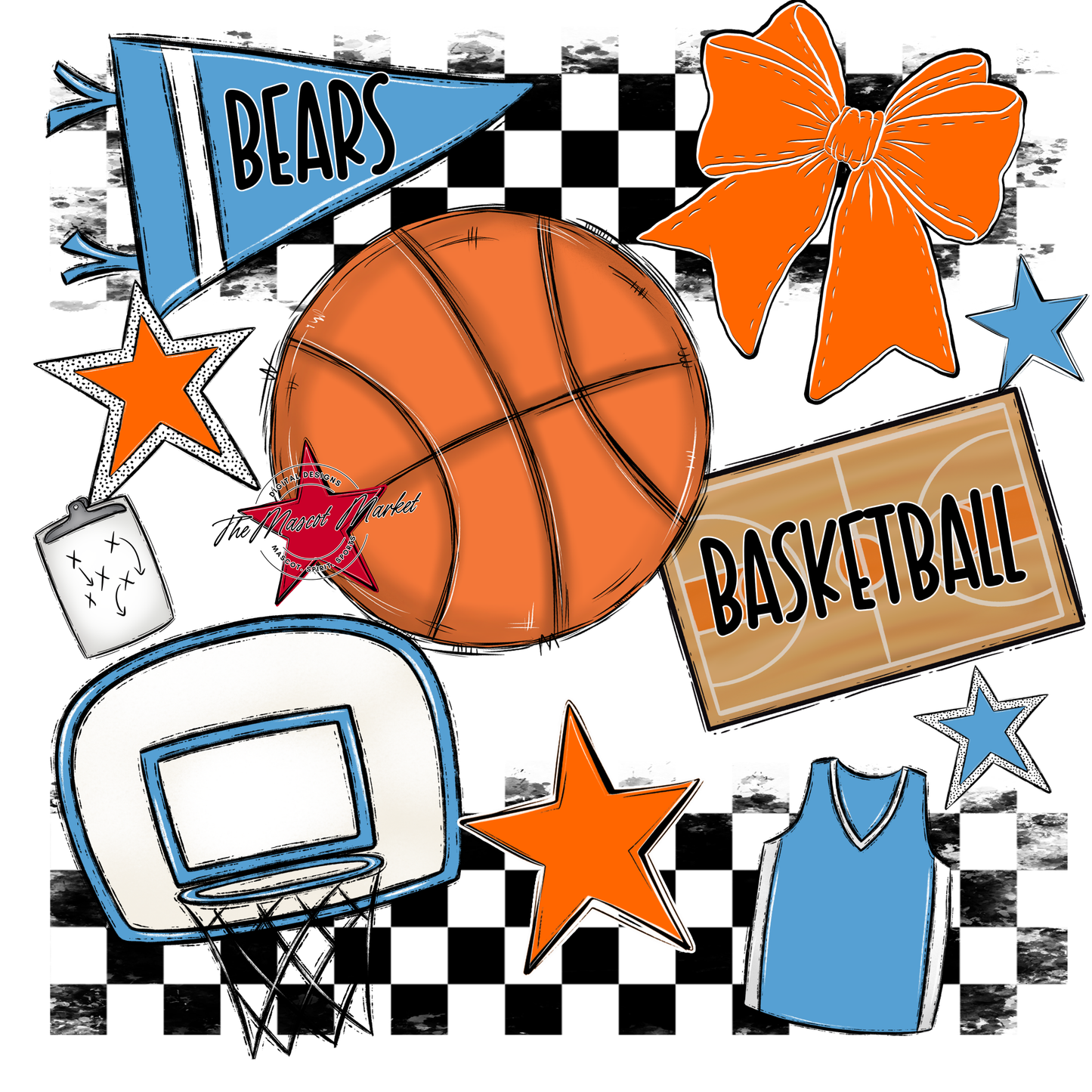 Bears Basketball Checkers Design-Carolina Blue-Orange