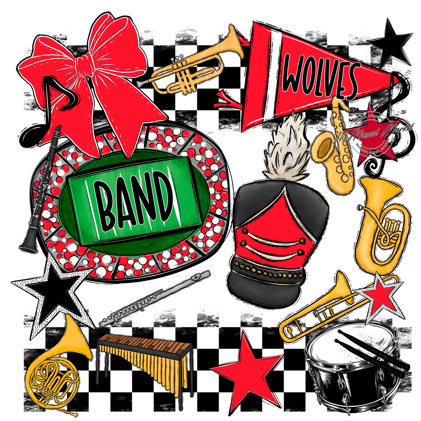 Wolves Checkers Band Spirit Design-Bright Red