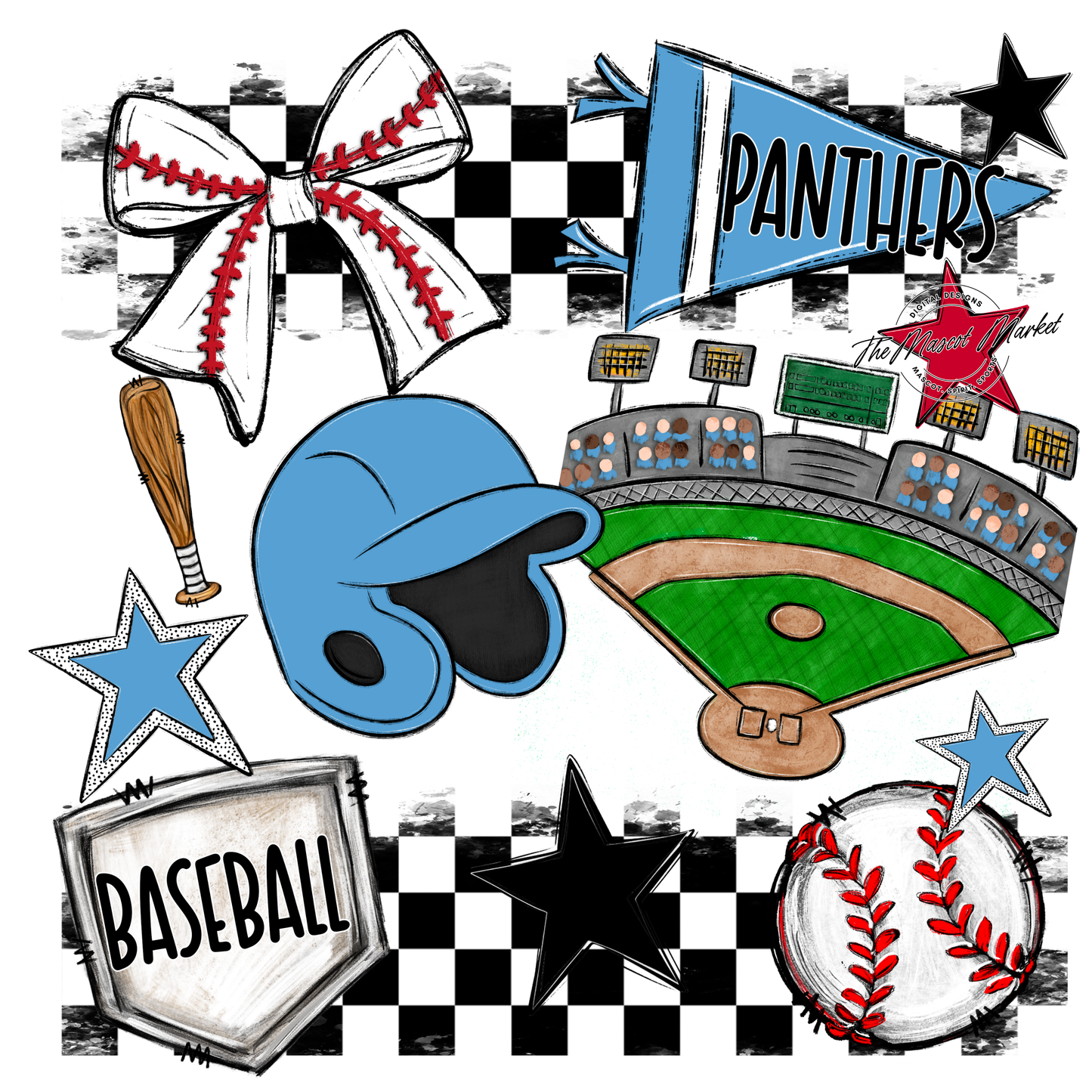 Panthers Checkers Baseball Spirit Design-Carolina Blue