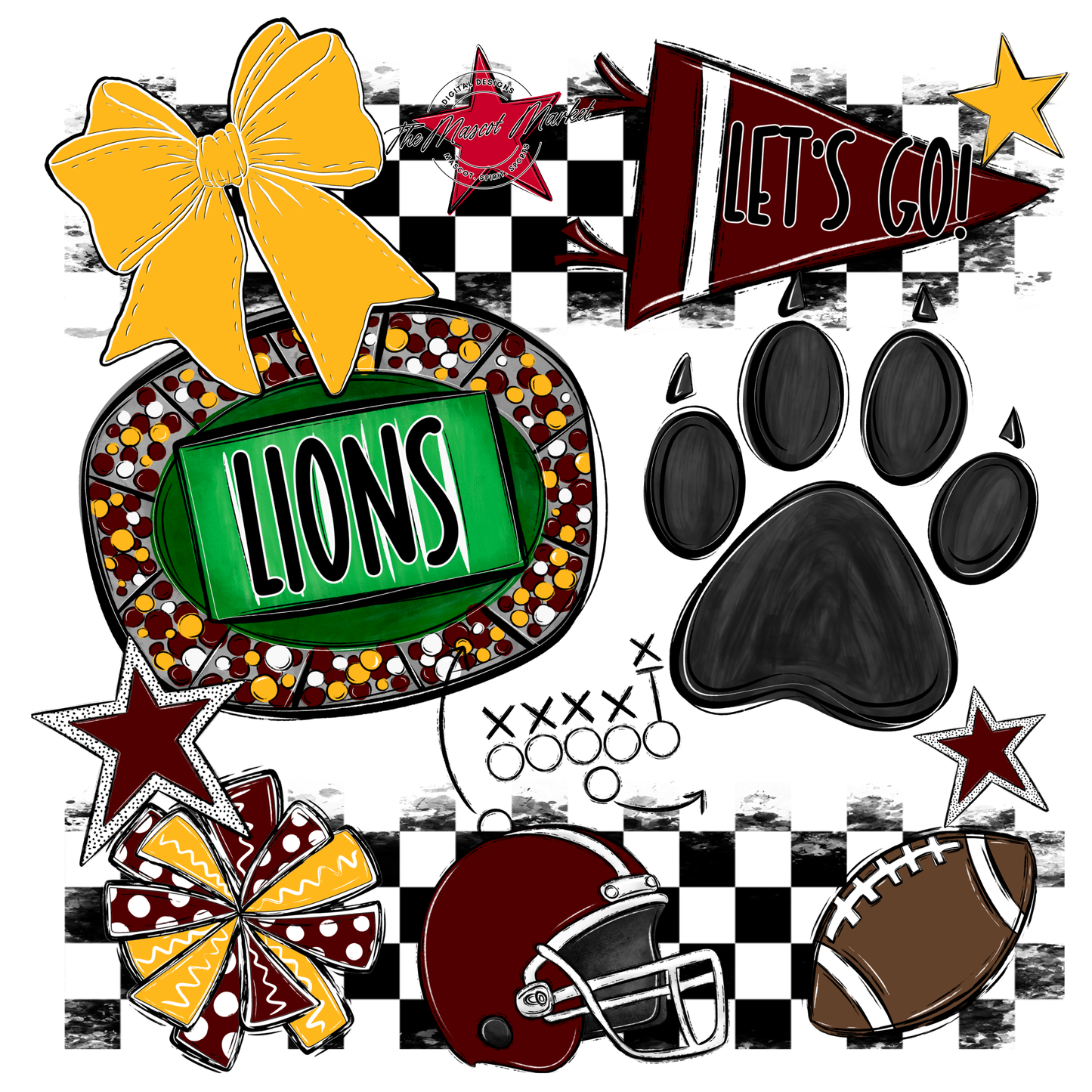 Lions Checkers Mascot Spirit Design w Paw-Maroon-Yellow