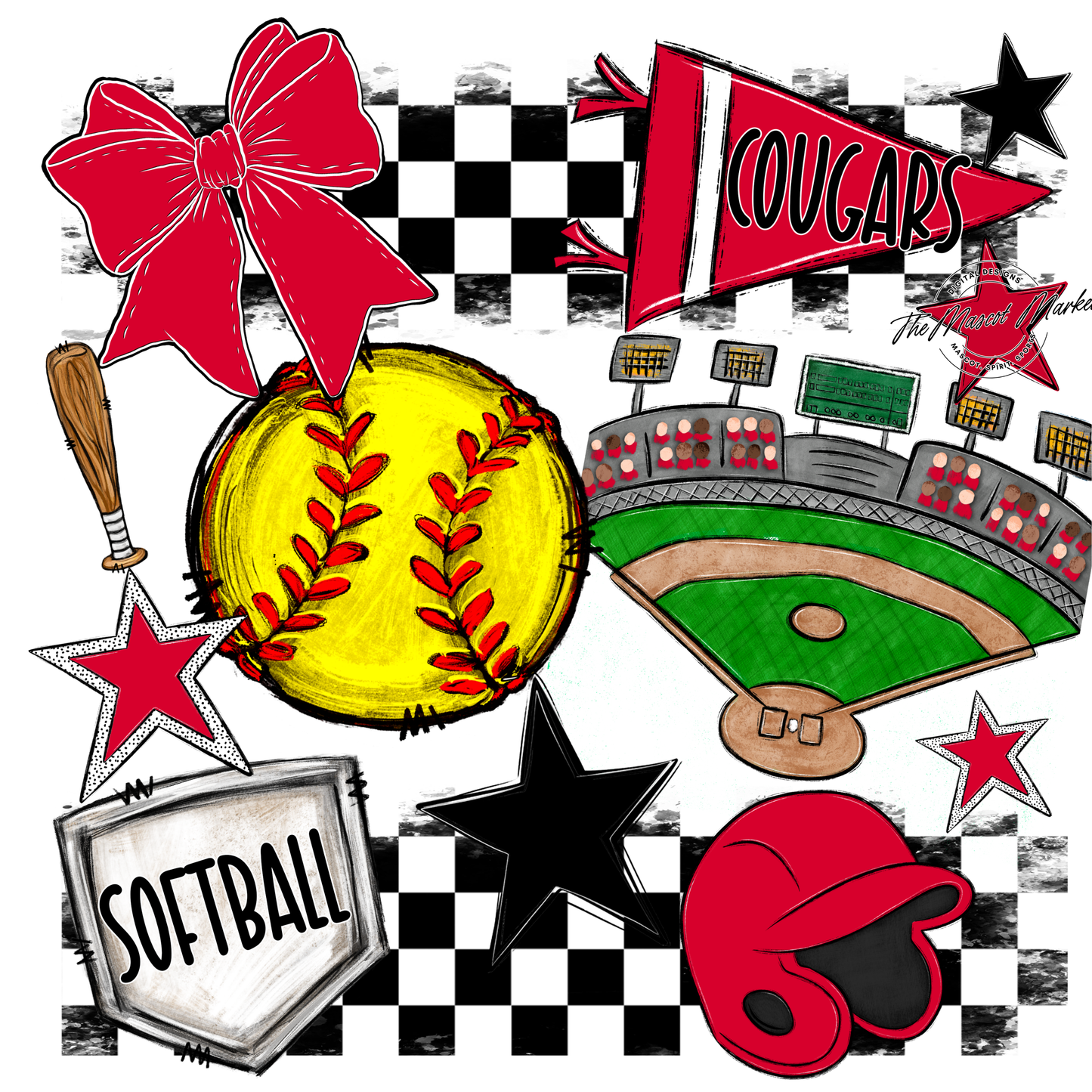 Cougars Checkers Softball Spirit Design-Red