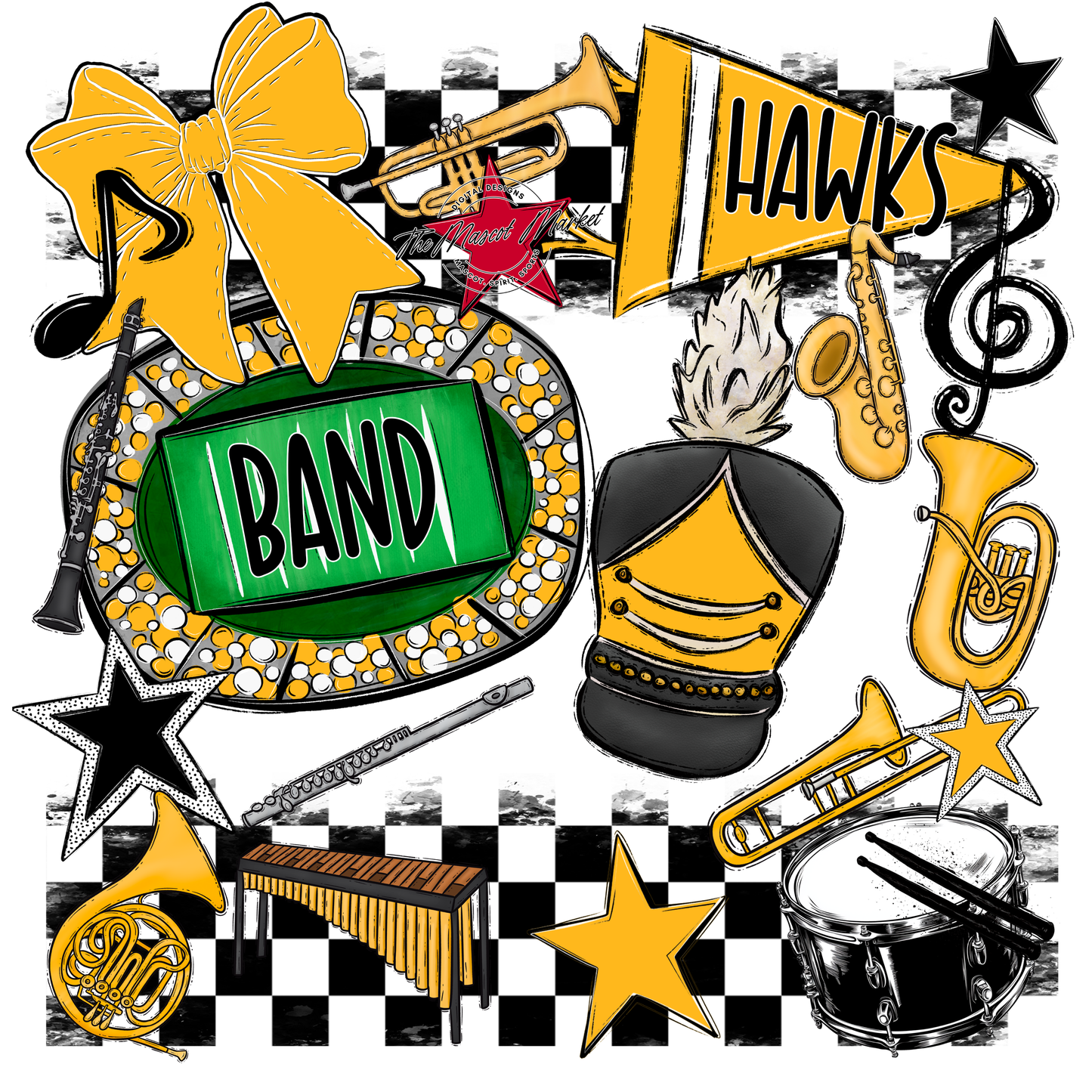Hawks Checkers Band Spirit Design-Yellow