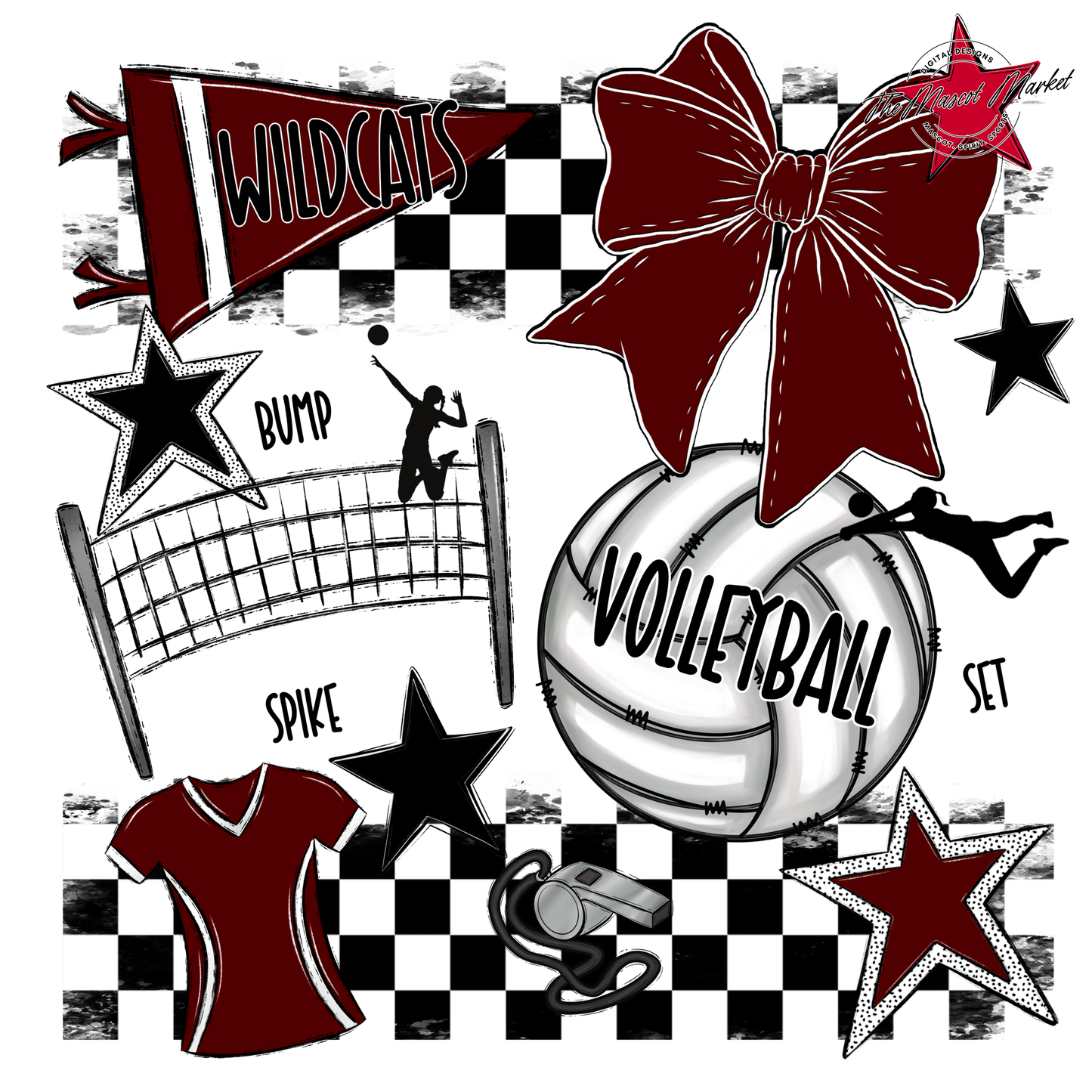 Wildcats Checkers Volleyball Spirit Design-Maroon