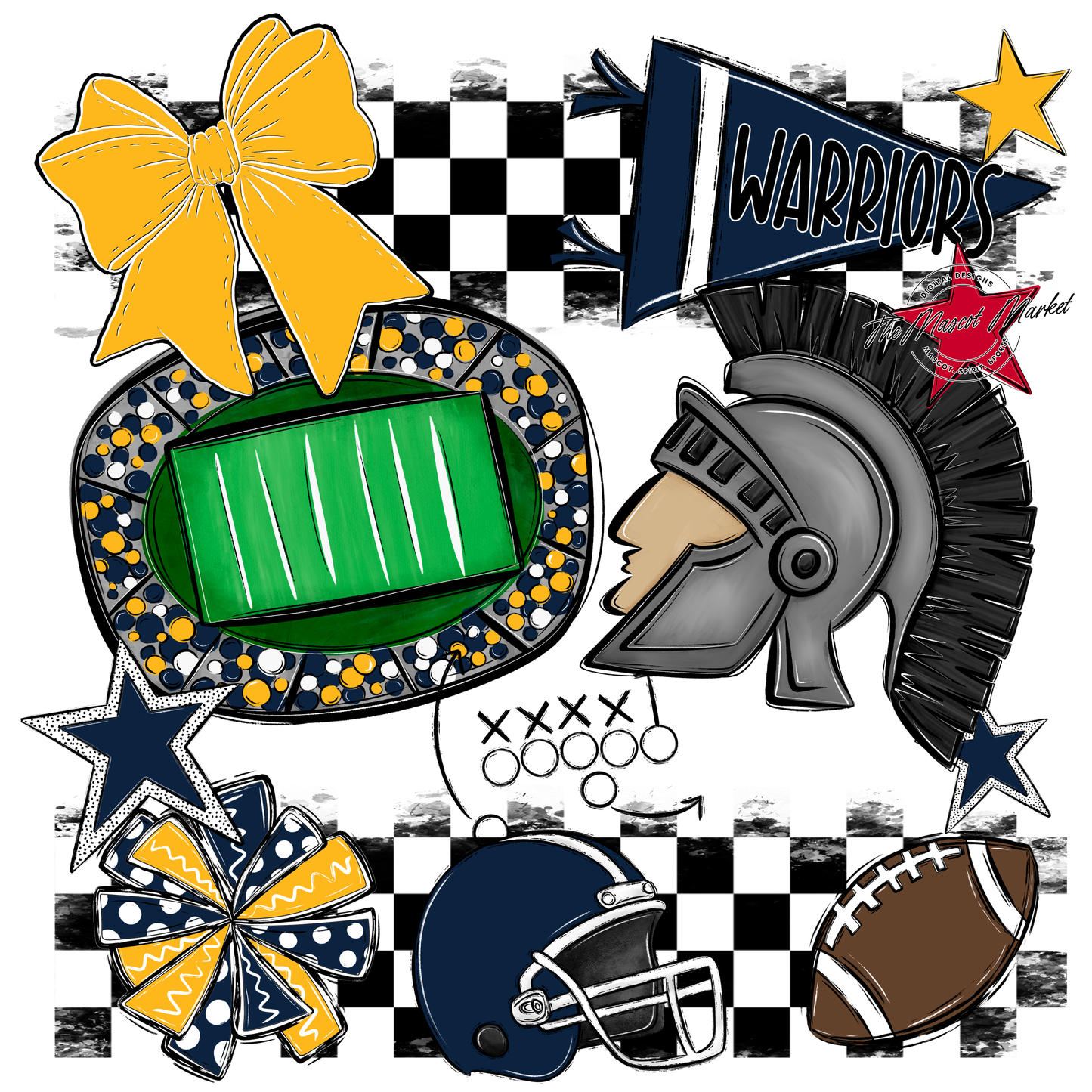 Warriors Checkers Mascot Spirit Design-Navy-Yellow