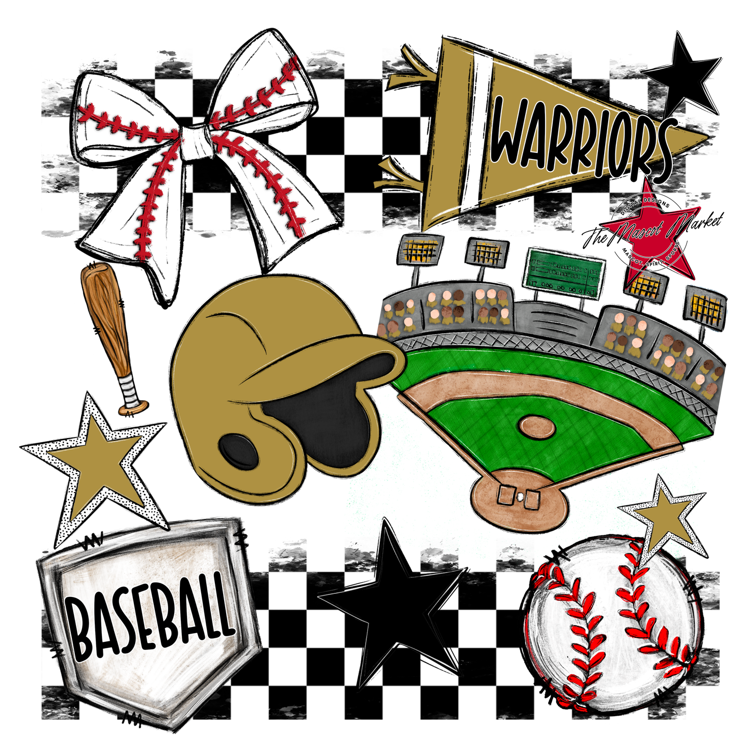 Warriors Checkers Baseball Spirit Design-Gold