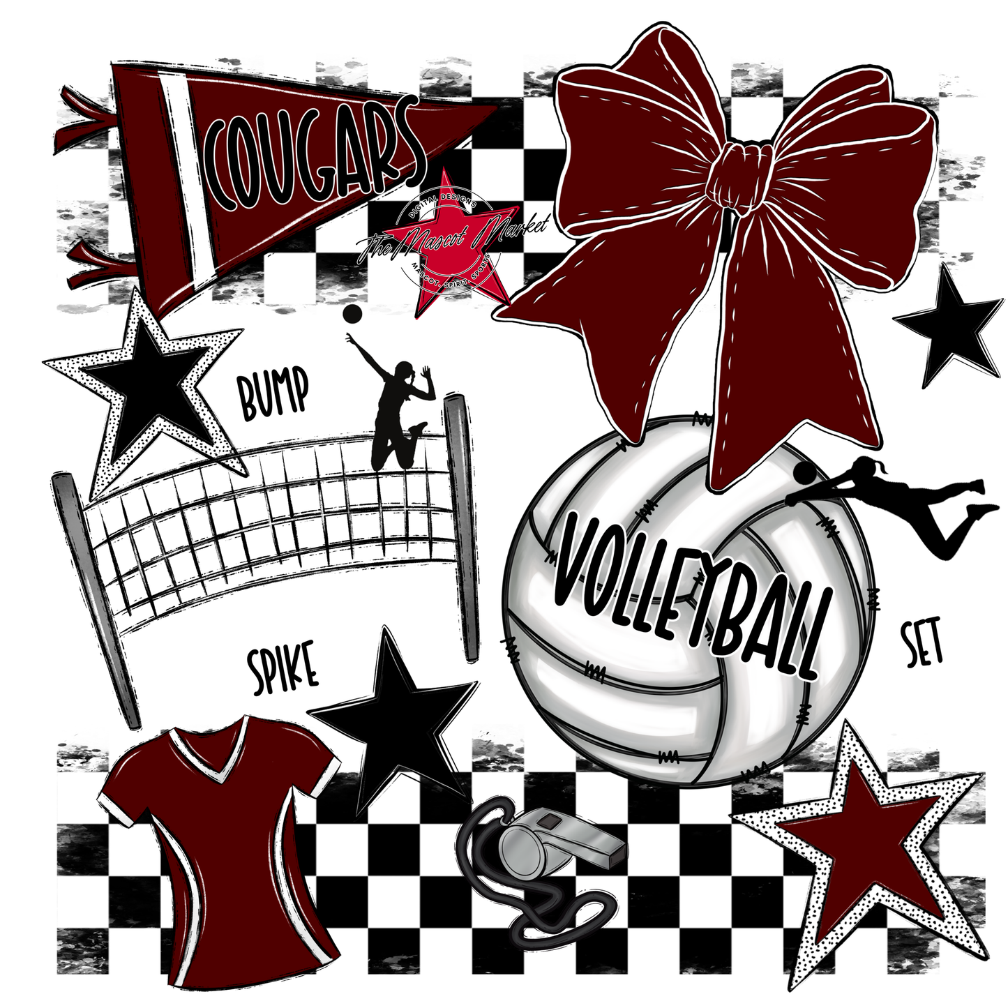 Cougars Checkers Volleyball Spirit Design-Maroon