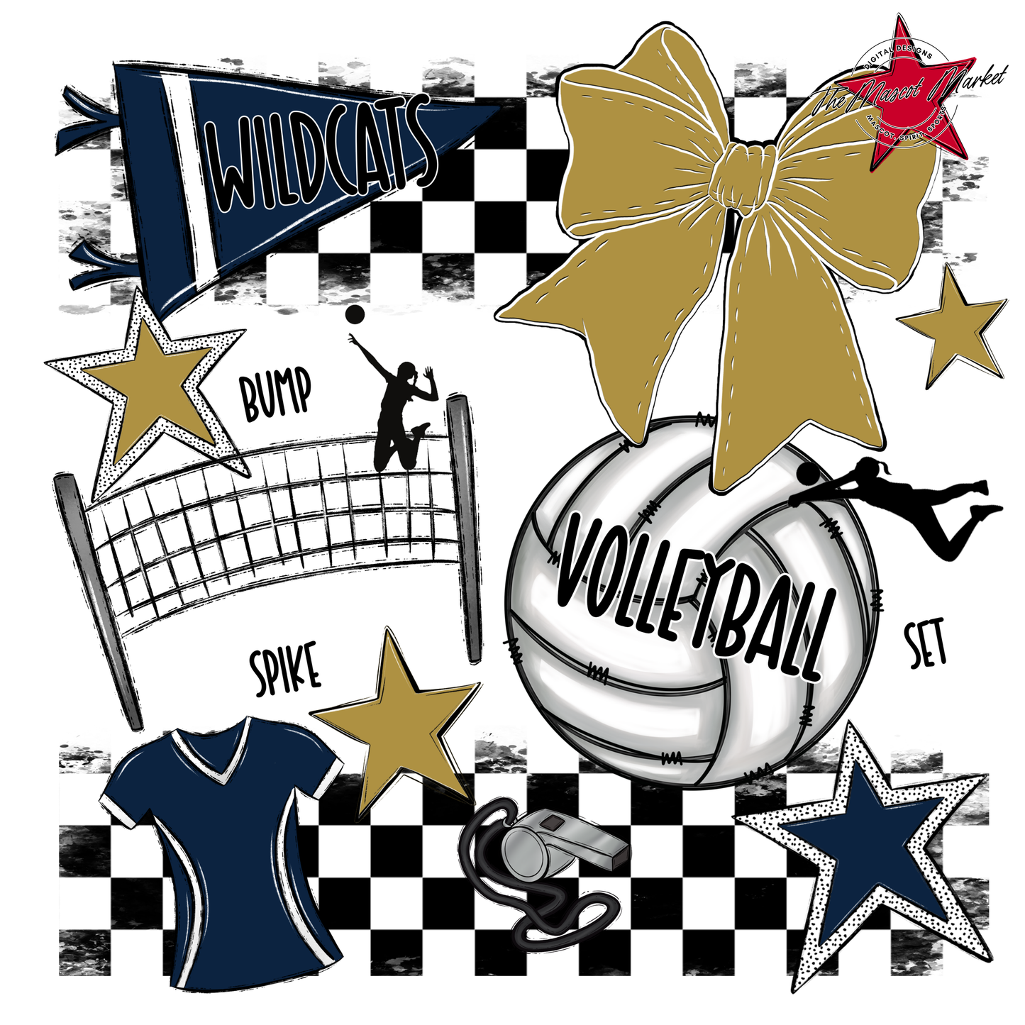 Wildcats Checkers Volleyball Spirit Design-Navy-Gold