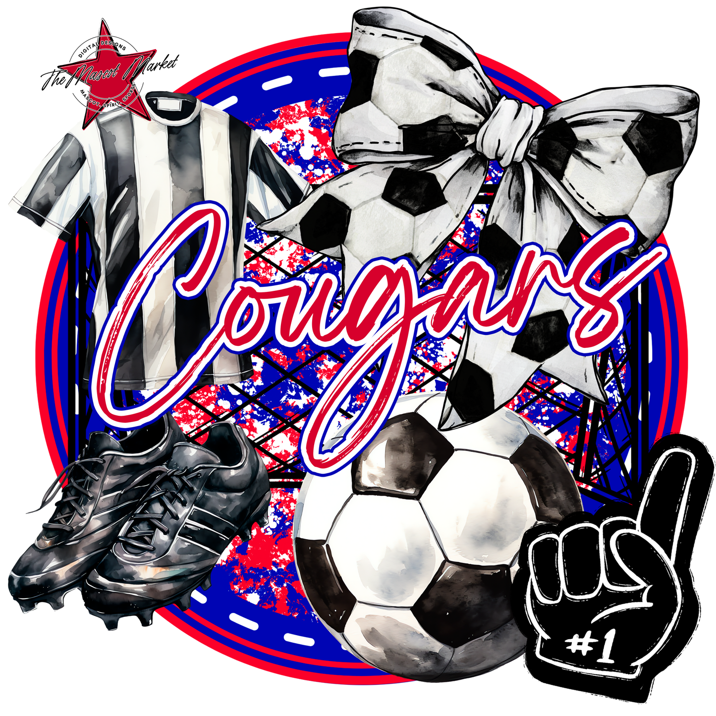 Cougars Circle Soccer Design-Blue-Red