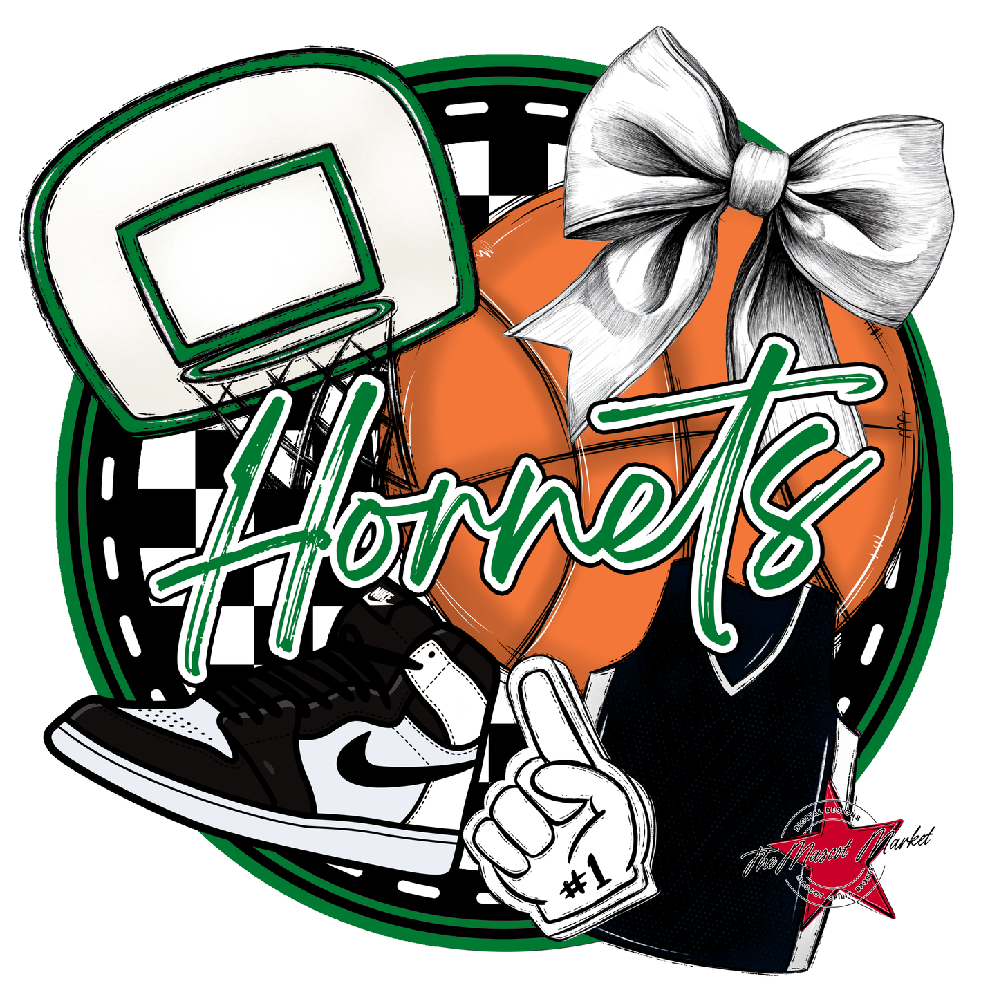 Hornets Circle Basketball Design-Kelly Green