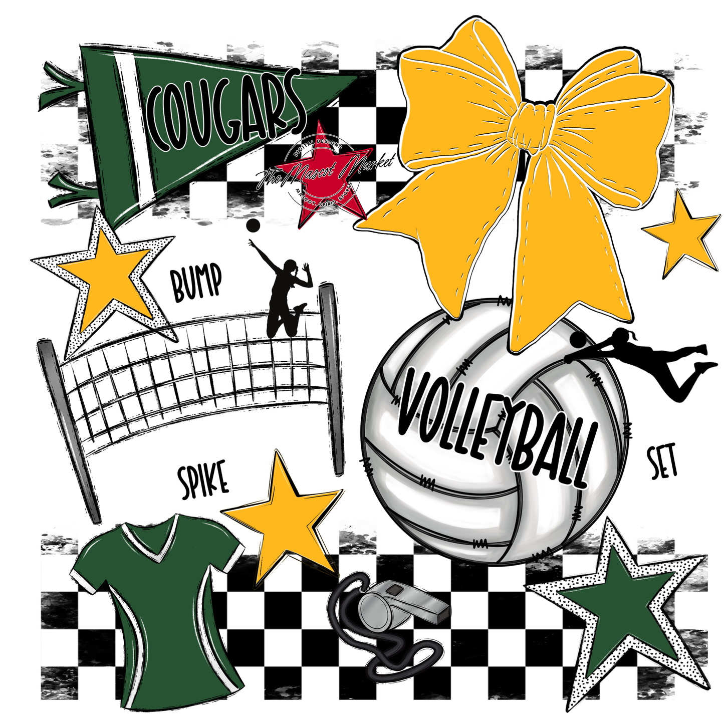 Cougars Checkers Volleyball Spirit Design-Green-Yellow
