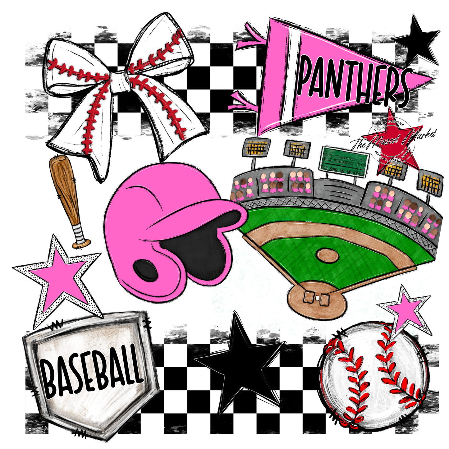 Panthers Checkers Baseball Spirit Design-Baby Pink