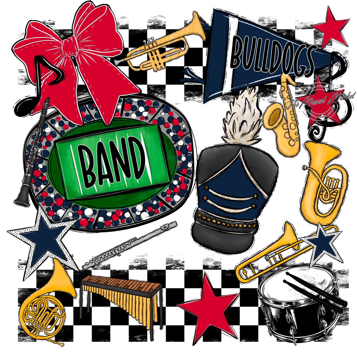 Bulldogs Checkers Band Spirit Design-Navy-Red