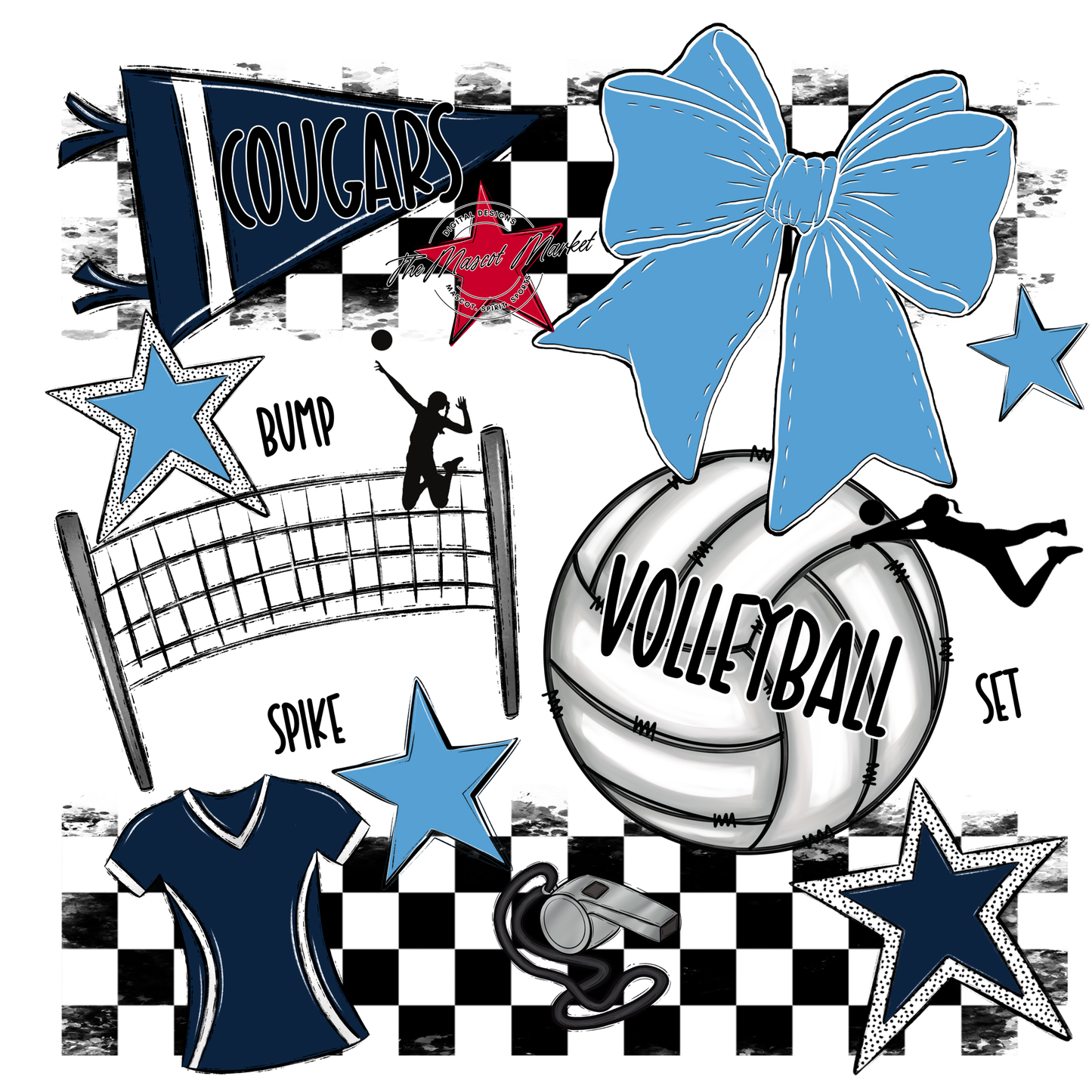 Cougars Checkers Volleyball Spirit Design-Navy-Carolina Blue