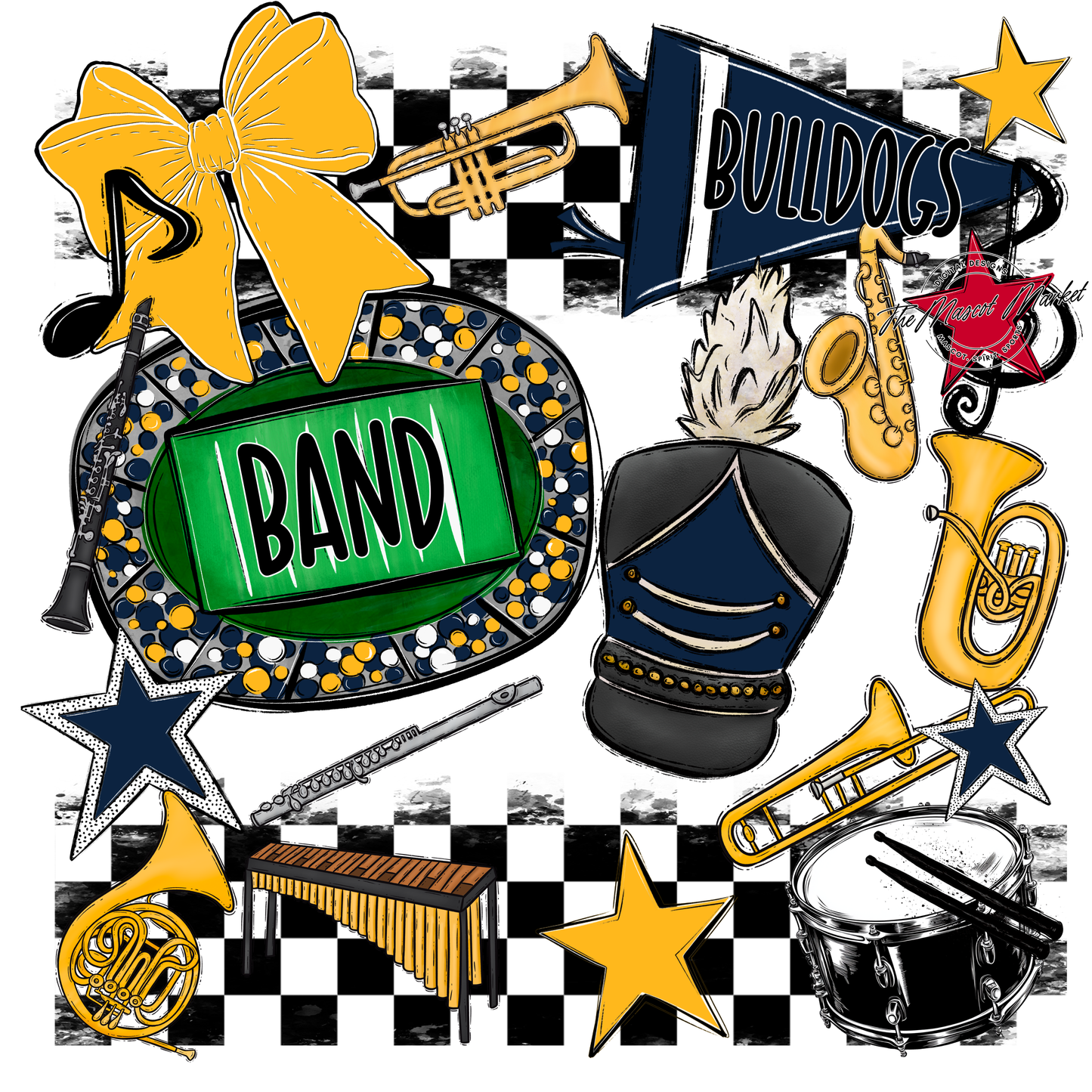 Bulldogs Checkers Band Spirit Design-Navy-Yellow
